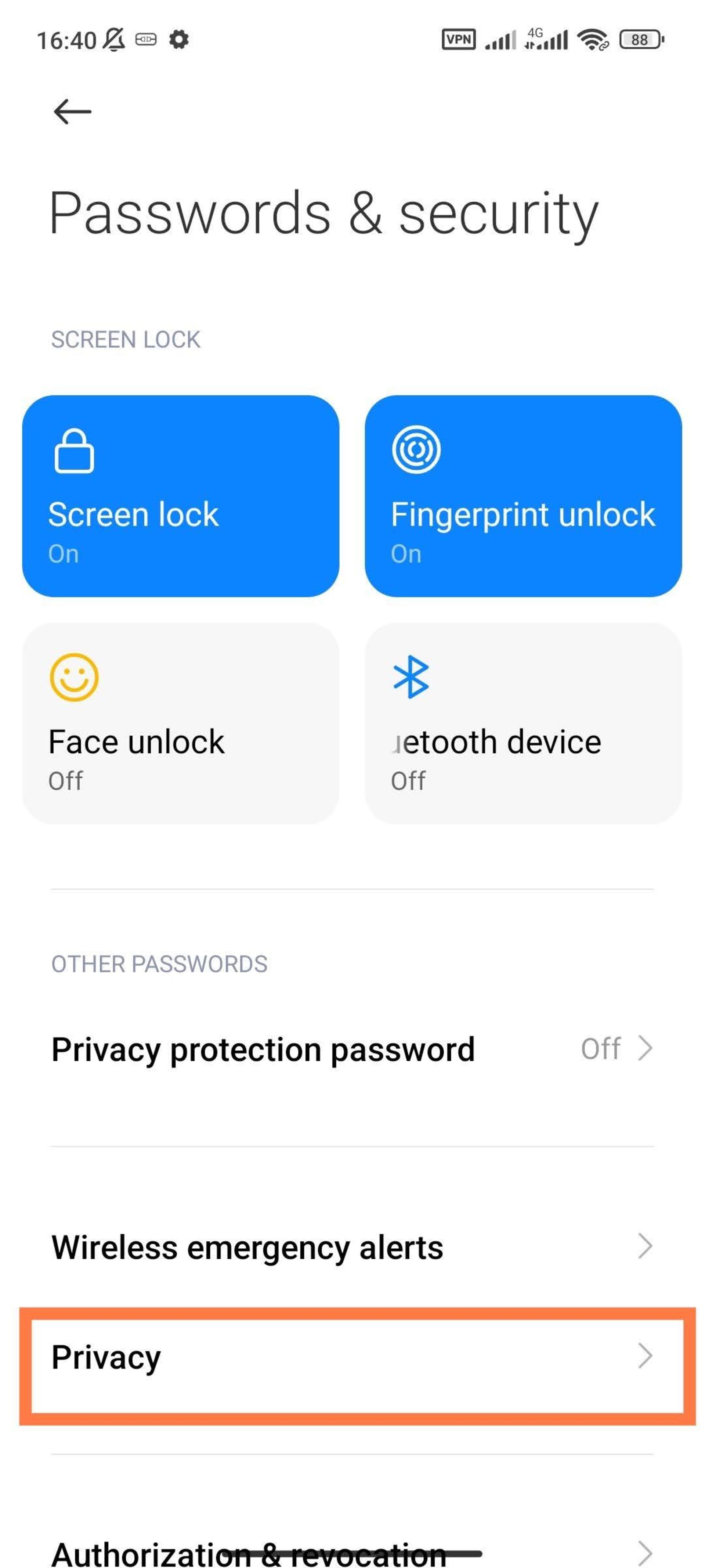 صفحه passwords & securtity شیائومی