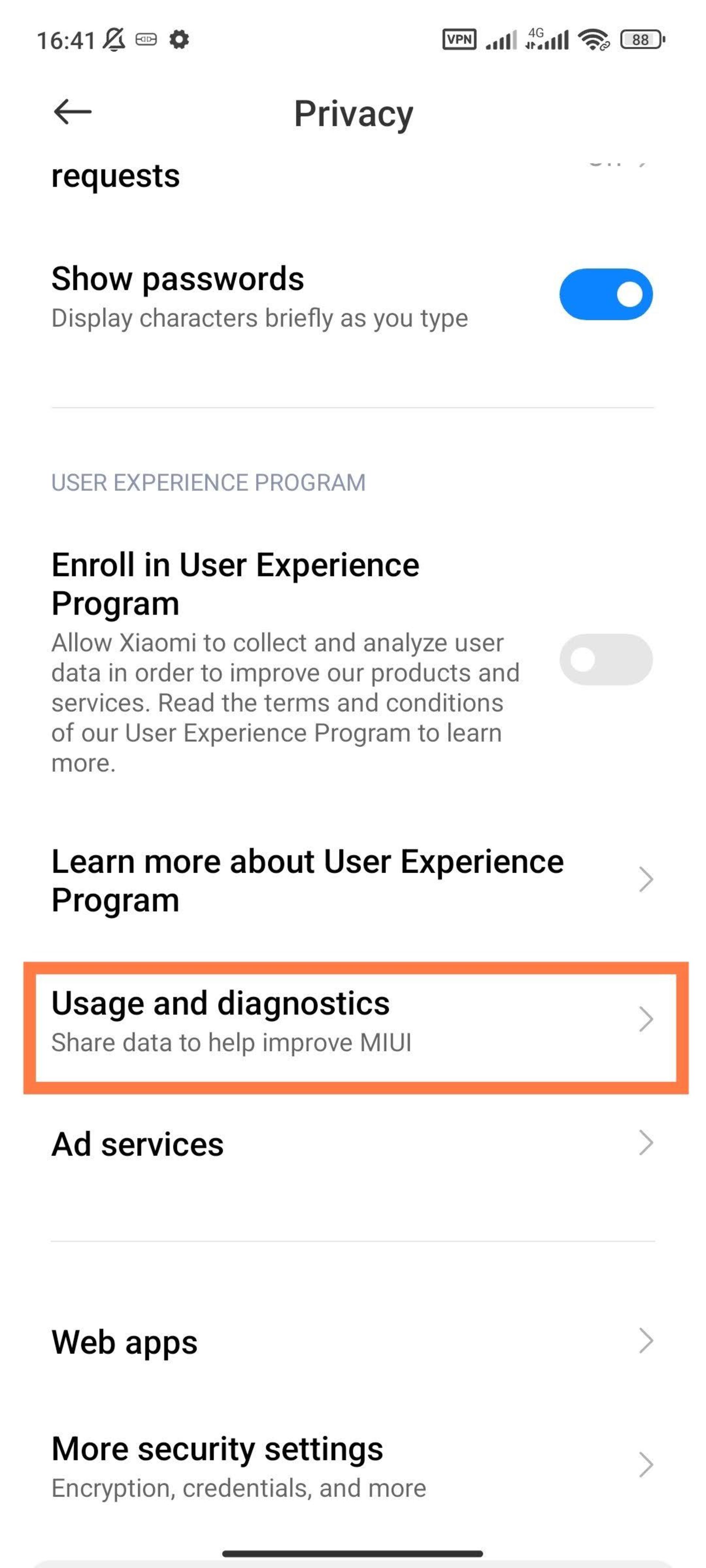 گزینه privacy گوشی شیائومی