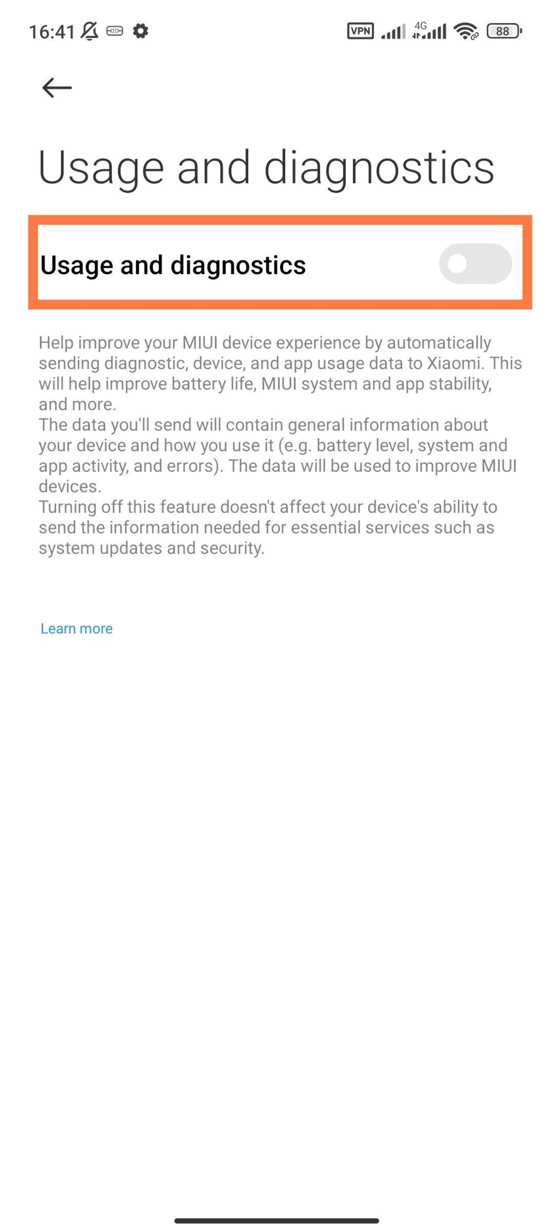 Disabling data diagnostics on Xiaomi phones