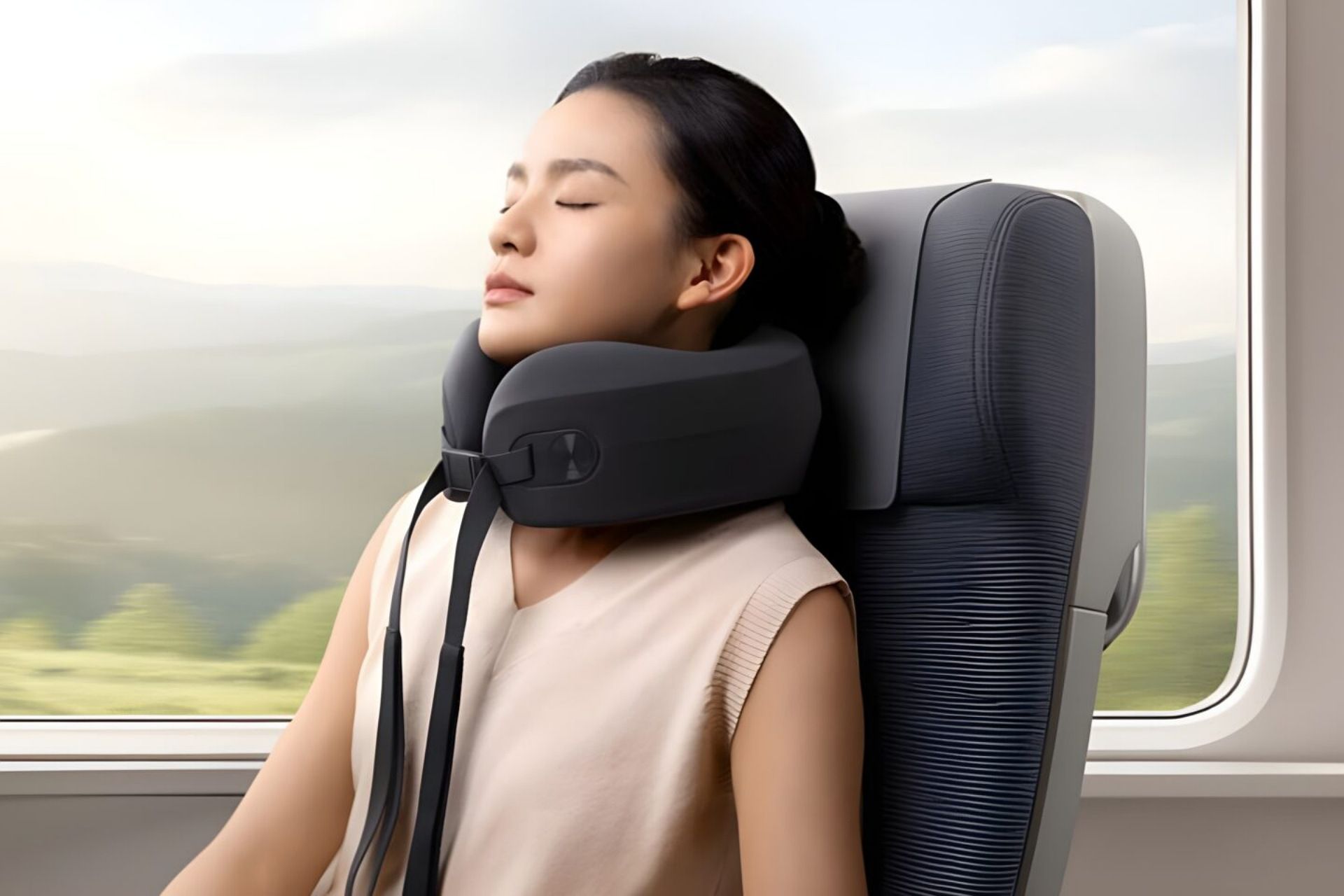 ماساژور Mijia Smart Neck Pillow Massager روی گردن زن جوان