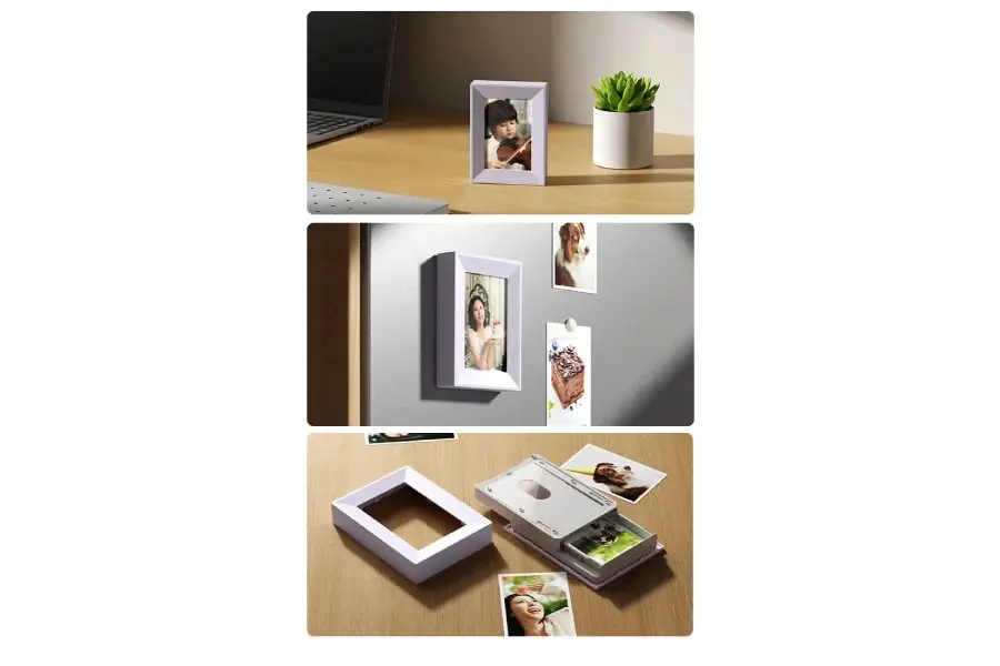 پرینتر جیبی شیائومی (Xiaomi Mijia Pocket Photo Printer Pro) در کنار قاب عکس و گیاه دکوری