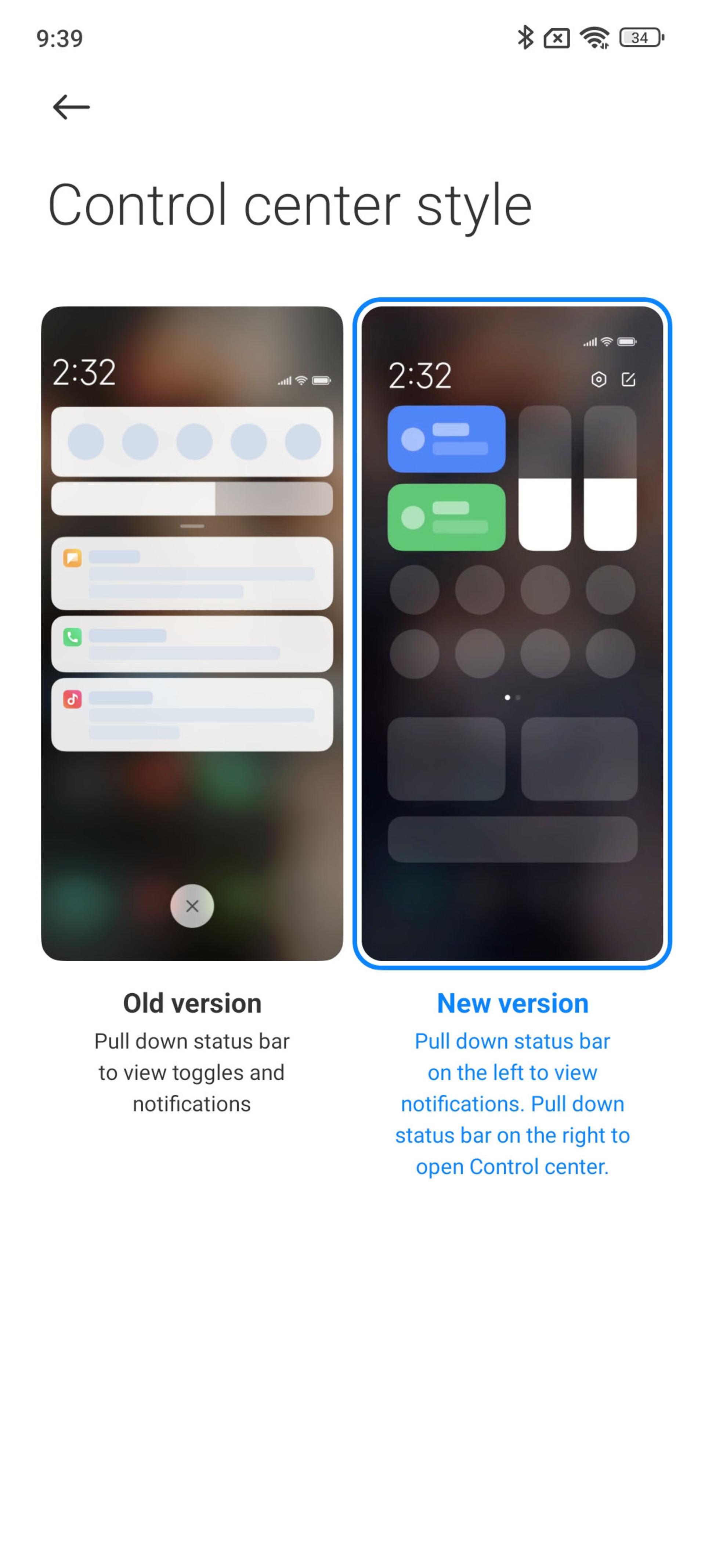 انتخاب کنترل سنتر کلاسیک یا مدرن رابط کاربری MIUI شیائومی