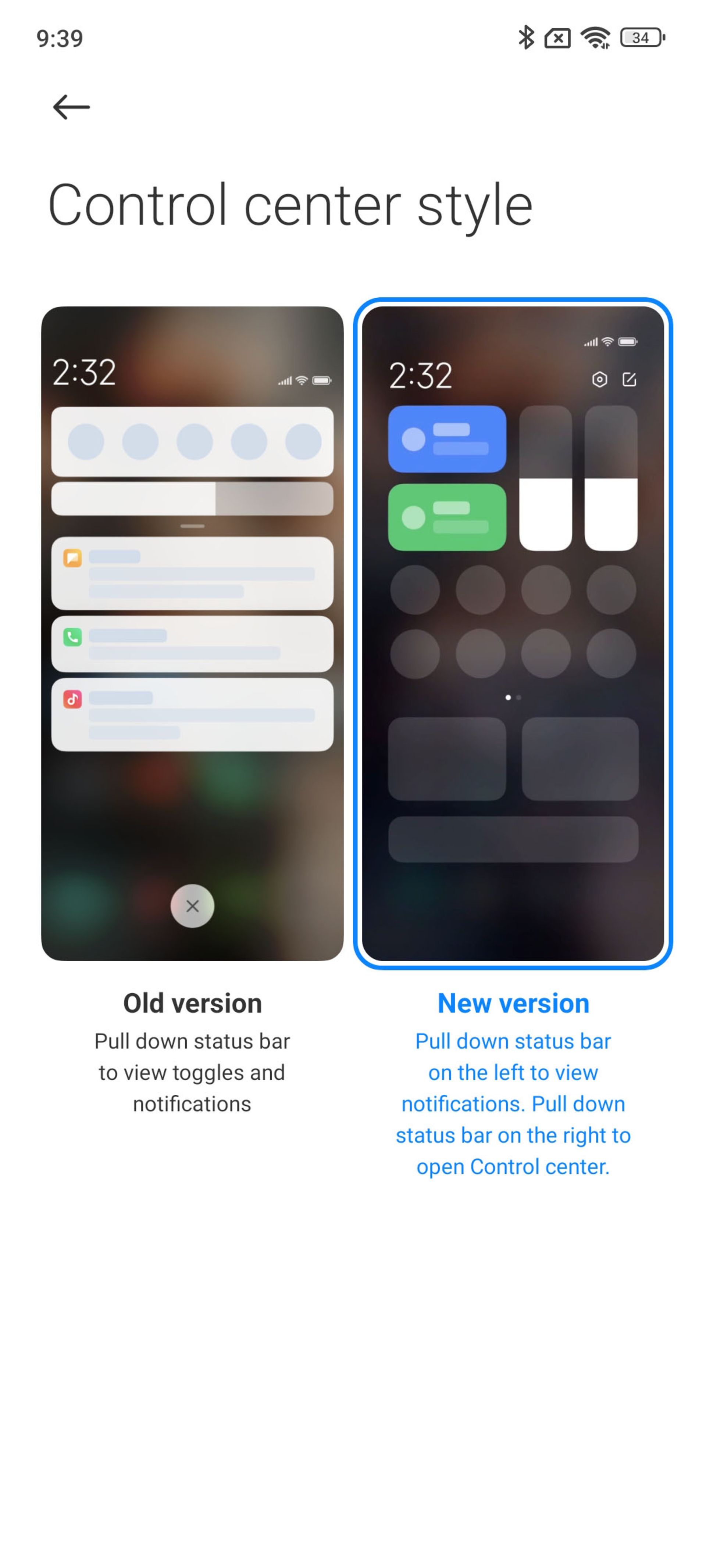 انتخاب کنترل سنتر کلاسیک یا مدرن رابط کاربری MIUI شیائومی