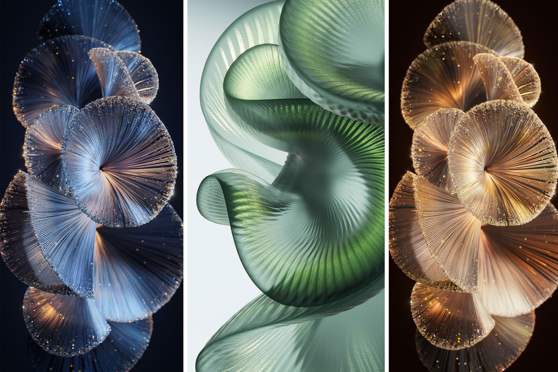 چند طرح گرافیکی با رنگ‌بندی آبی، سبز و طلایی