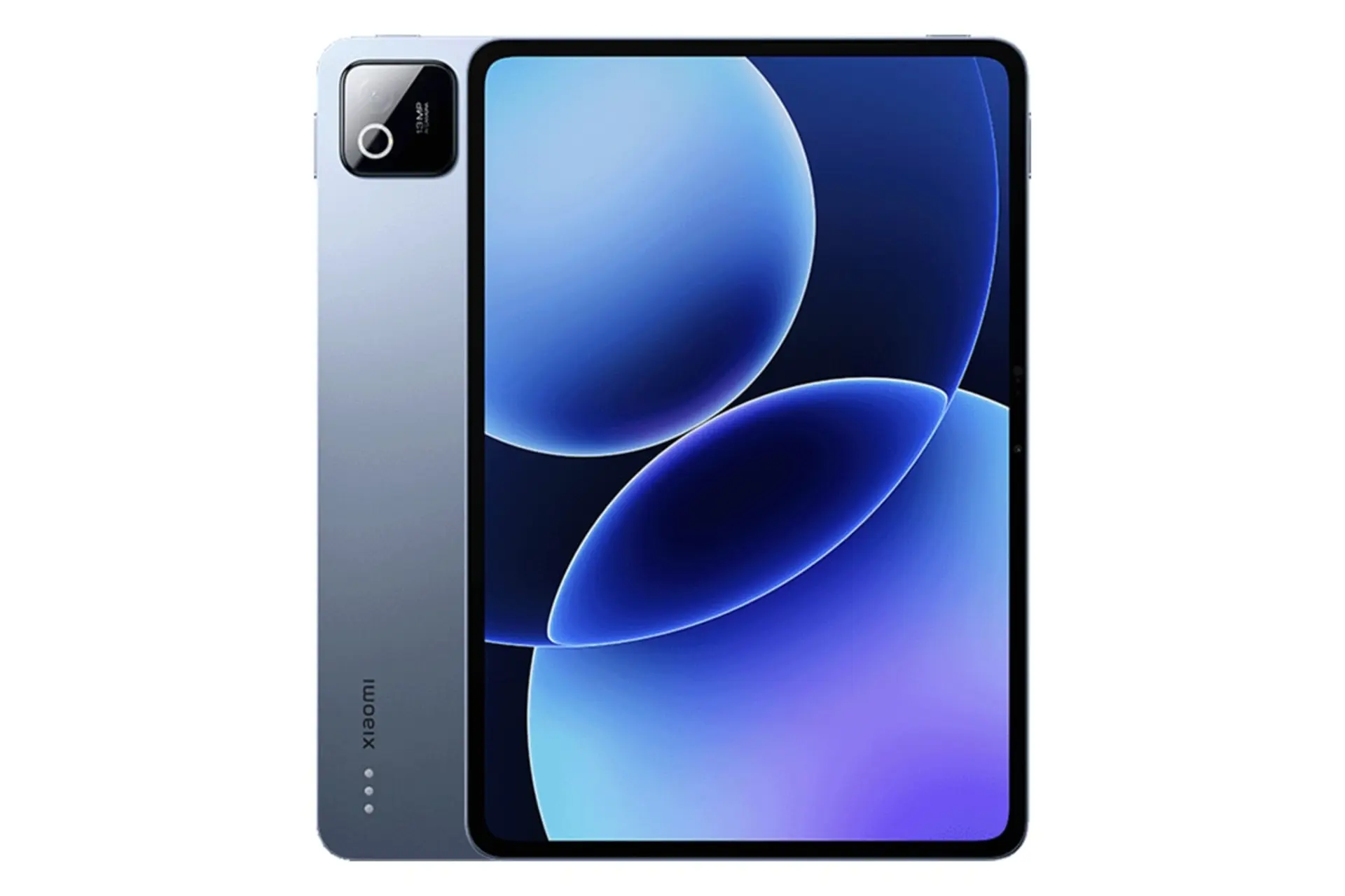 نمای کلی تبلت پد 8 شیائومی / Xiaomi Pad 8 با نمایشگر روشن و نمایش دوربین و لوگوی پنل پشت رنگ آبی