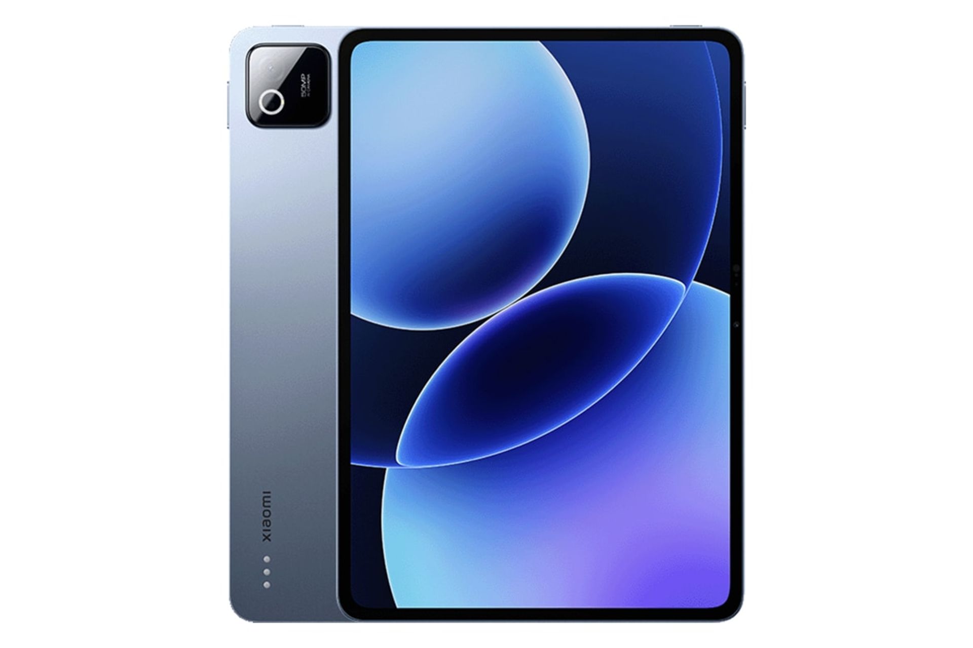 نمای کلی تبلت پد 8 پرو شیائومی / Xiaomi Pad 8 Pro با نمایشگر روشن و نمایش دوربین و لوگوی پنل پشت رنگ آبی