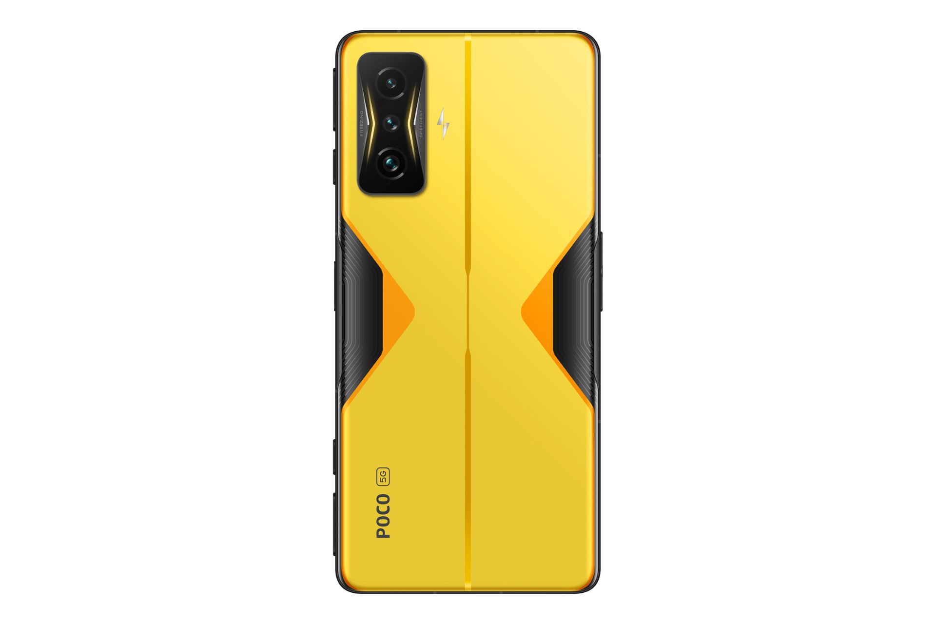 نمای پنل پشت گوشی موبایل پوکو F4 GT شیائومی / Xiaomi Poco F4 GT با نمایش لوگو و دوربین‌ها رنگ زرد