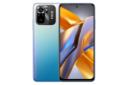 نمای کلی گوشی موبایل پوکو M5s شیائومی / Xiaomi Poco M5s با نمایشگر روشن و نمایش لوگو و دوربین پنل پشت رنگ آبی