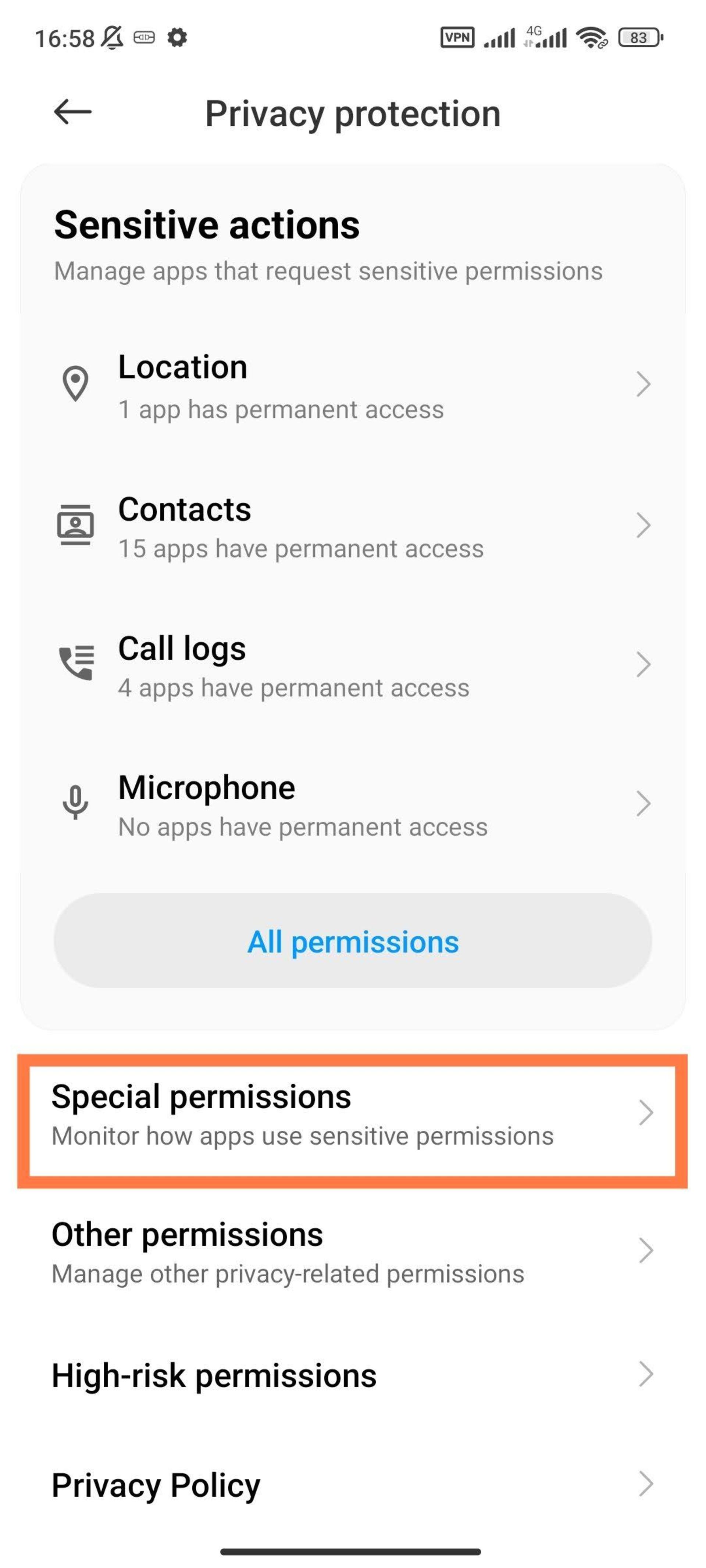 صفحه تنظیمات Privacy protection گوشی شیائومی