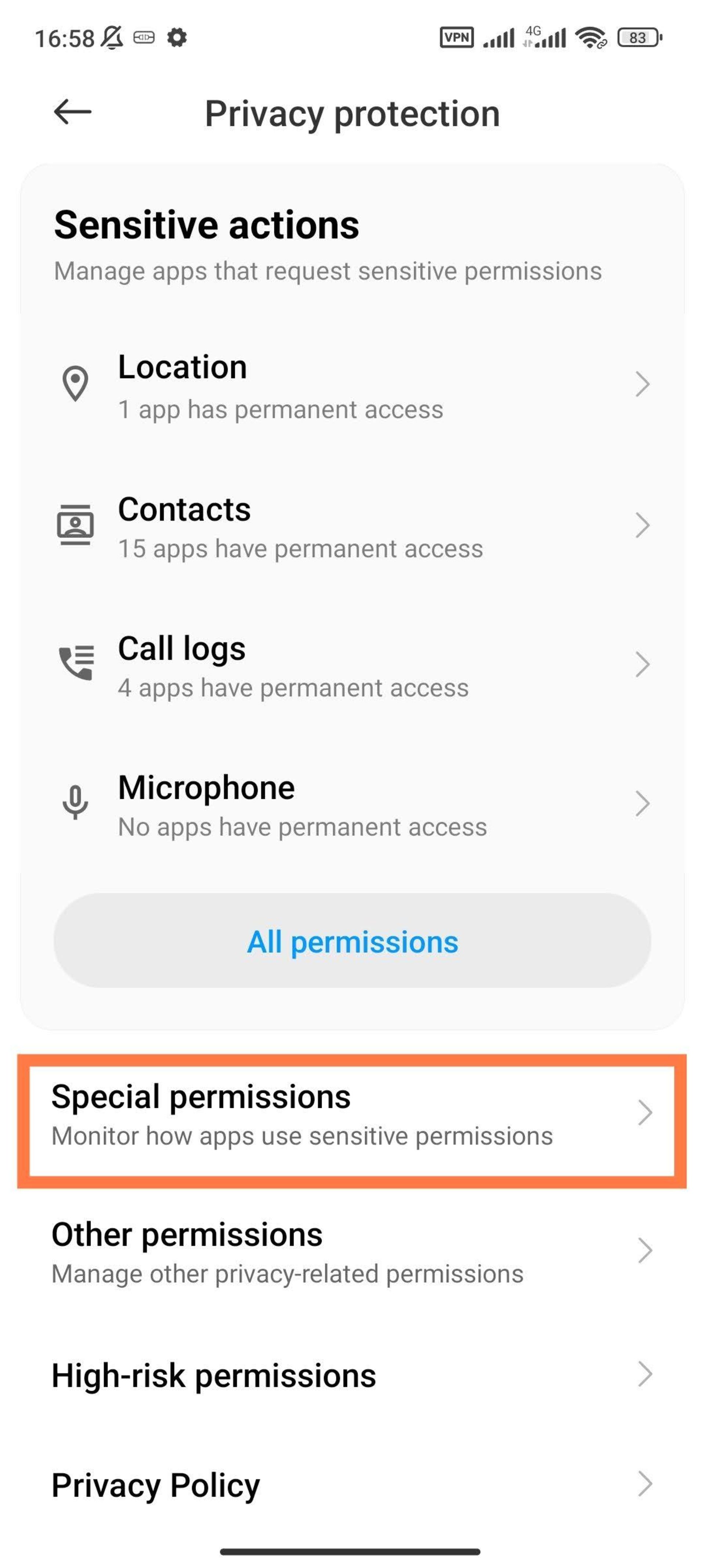 صفحه تنظیمات Privacy protection گوشی شیائومی