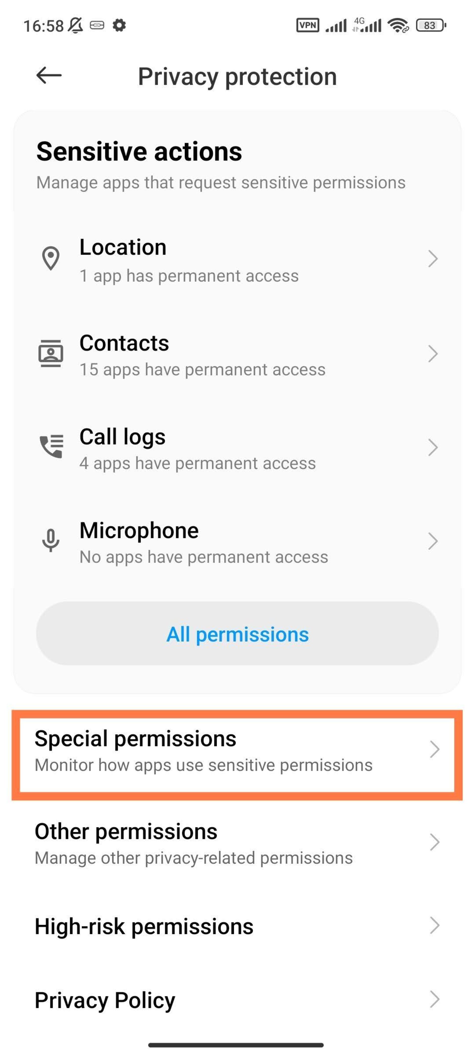 Privacy protection settings page of Xiaomi phone