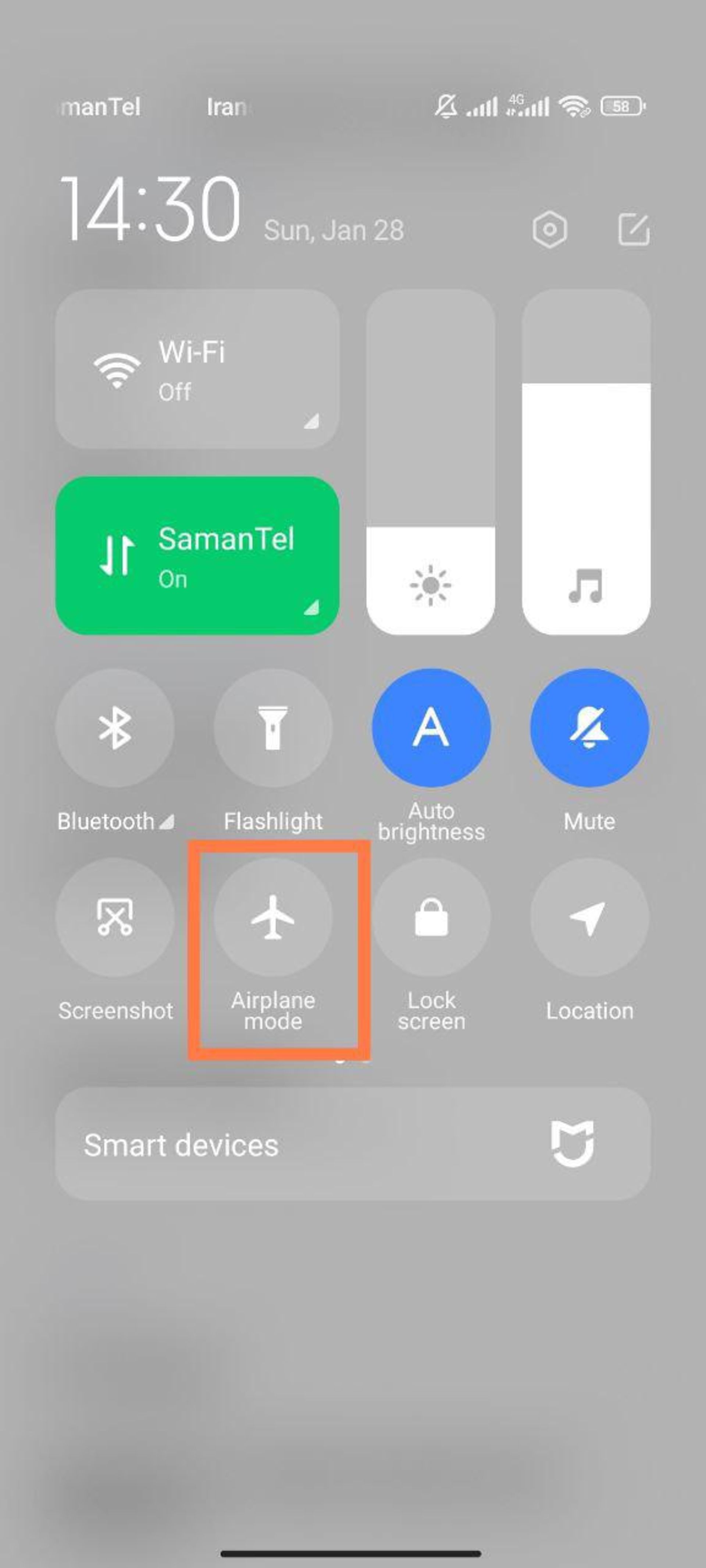 گزینه Airplane mode در منوی تنظیمات سریع گوشی شیائومی