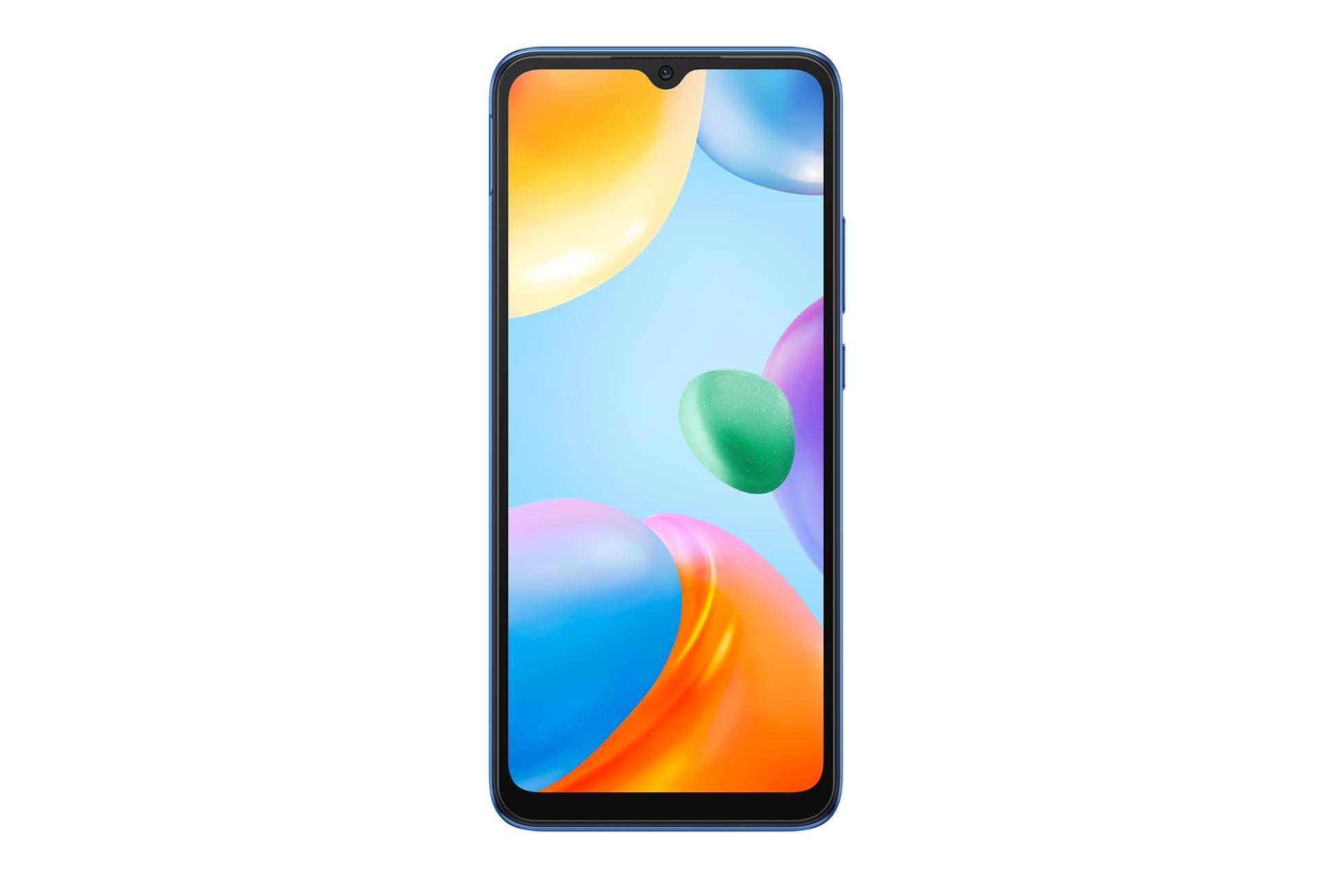 نمای پنل جلوی گوشی موبایل ردمی 10C شیائومی / Xiaomi Redmi 10C با نمایش دوربین سلفی و حاشیه های نمایشگر رنگ آبی