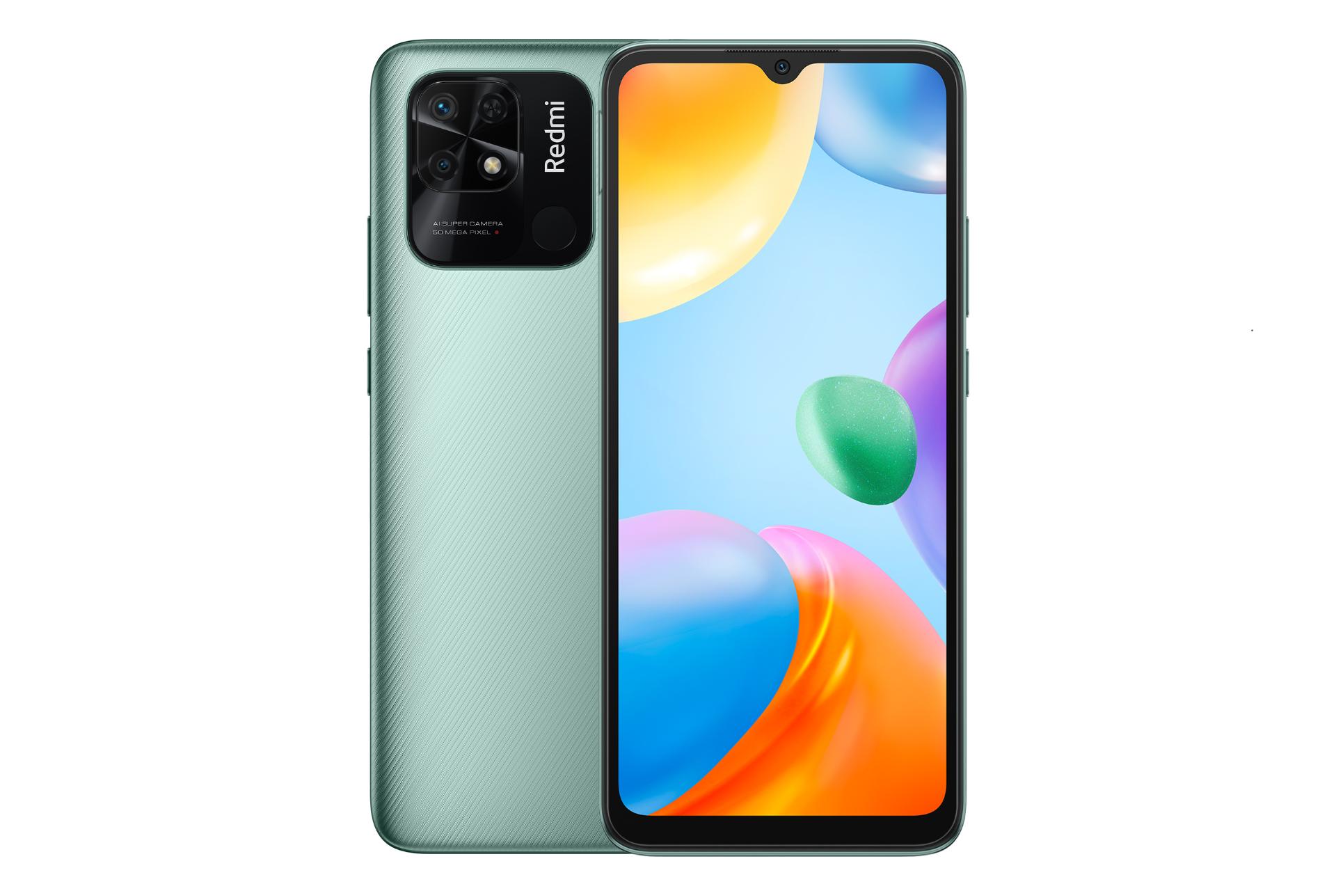 نمای کلی گوشی موبایل ردمی 10C شیائومی / Xiaomi Redmi 10C با نمایشگر روشن و نمایش لوگو و دوربین پنل پشت رنگ سبز