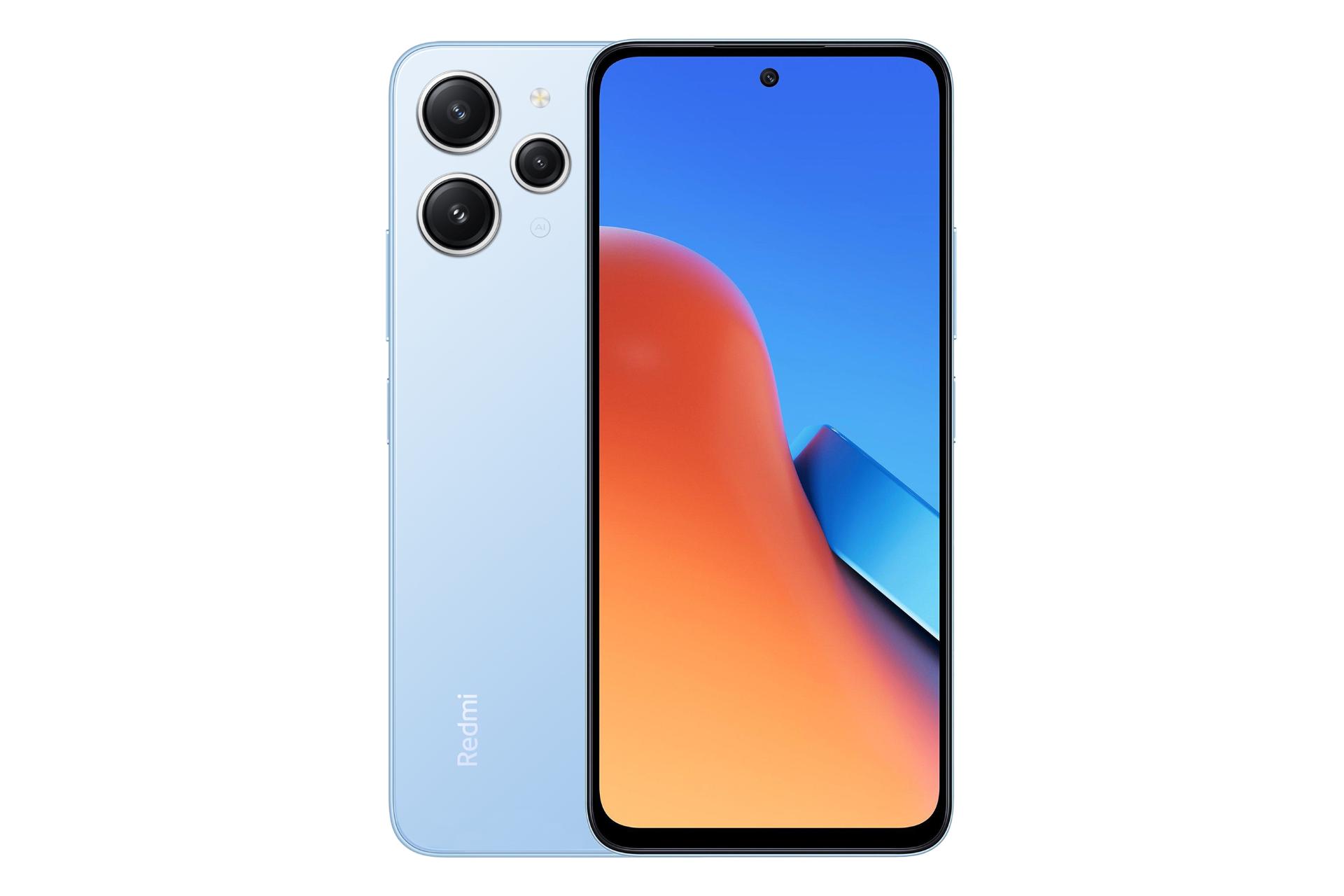 نمای کلی گوشی موبایل ردمی 12 شیائومی / Xiaomi Redmi 12 با نمایشگر روشن و نمایش لوگو و دوربین پشت رنگ آبی