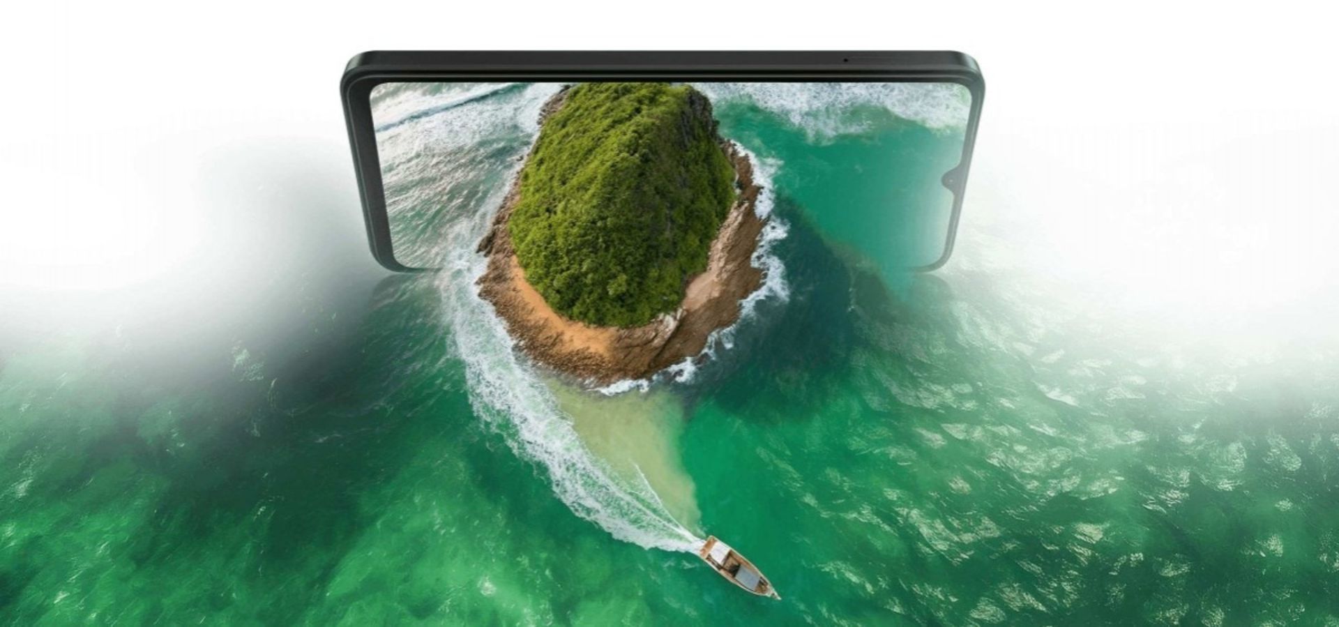 گوشی ردمی A3 شیائومی در وسط اقیانوس درحال نمایش کوه بیرون‌زده از نمایشگر