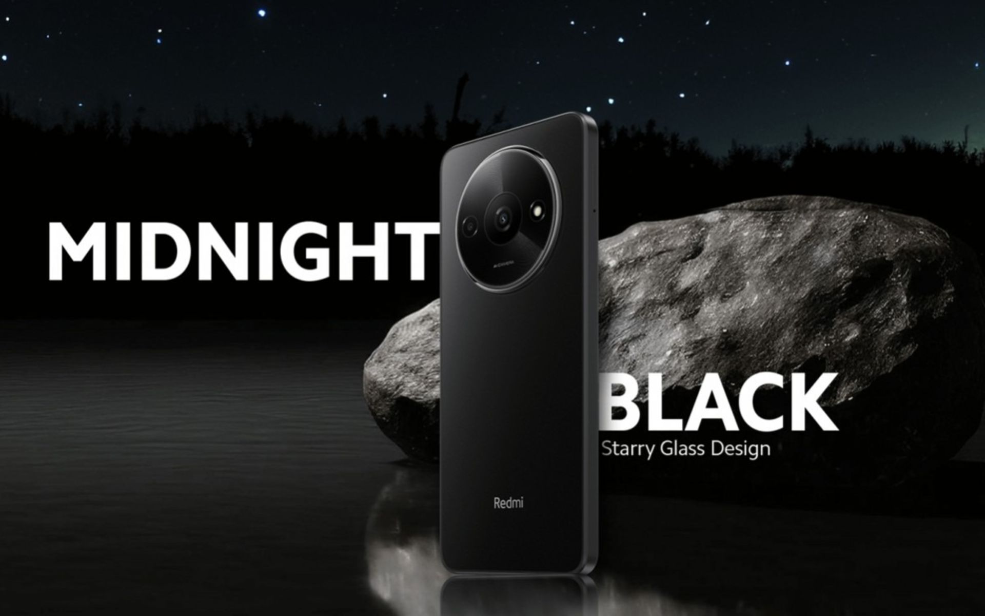 پنل پشتی گوشی شیائومی ردمی A3 در رنگ مشکی ایستاده روی آب کنارسنگ