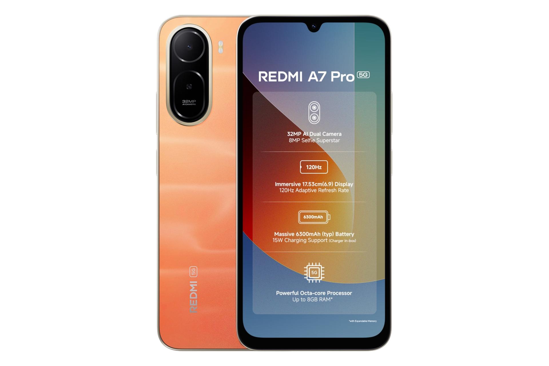 پنل جلو و پشت گوشی موبایل ردمی A7 پرو شیائومی 5G نارنجی / Xiaomi Redmi A7 Pro 5G