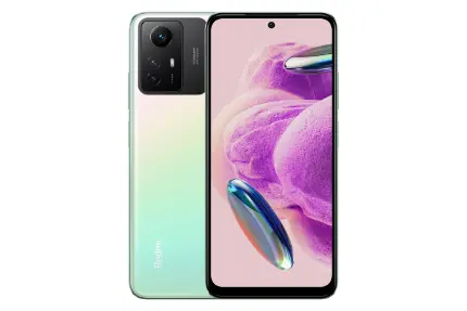 نمای کلی گوشی موبایل ردمی نوت 12S شیائومی / Xiaomi Redmi Note 12S با نمایشگر روشن و نمایش لوگو و دوربین های پنل پشت رنگ سبز
