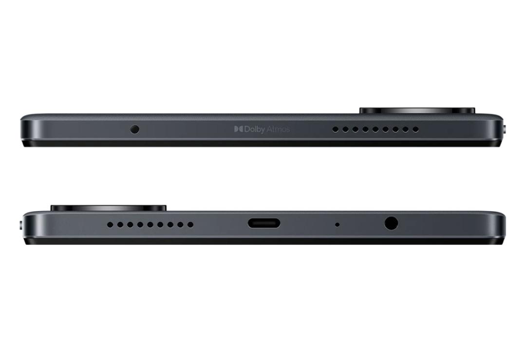 نمای لبه های بالا و پایین تبلت ردمی پد SE شیائومی 4G با نمایش لوگو، درگاه صدا و حفره های اسپیکر رنگ خاکستری