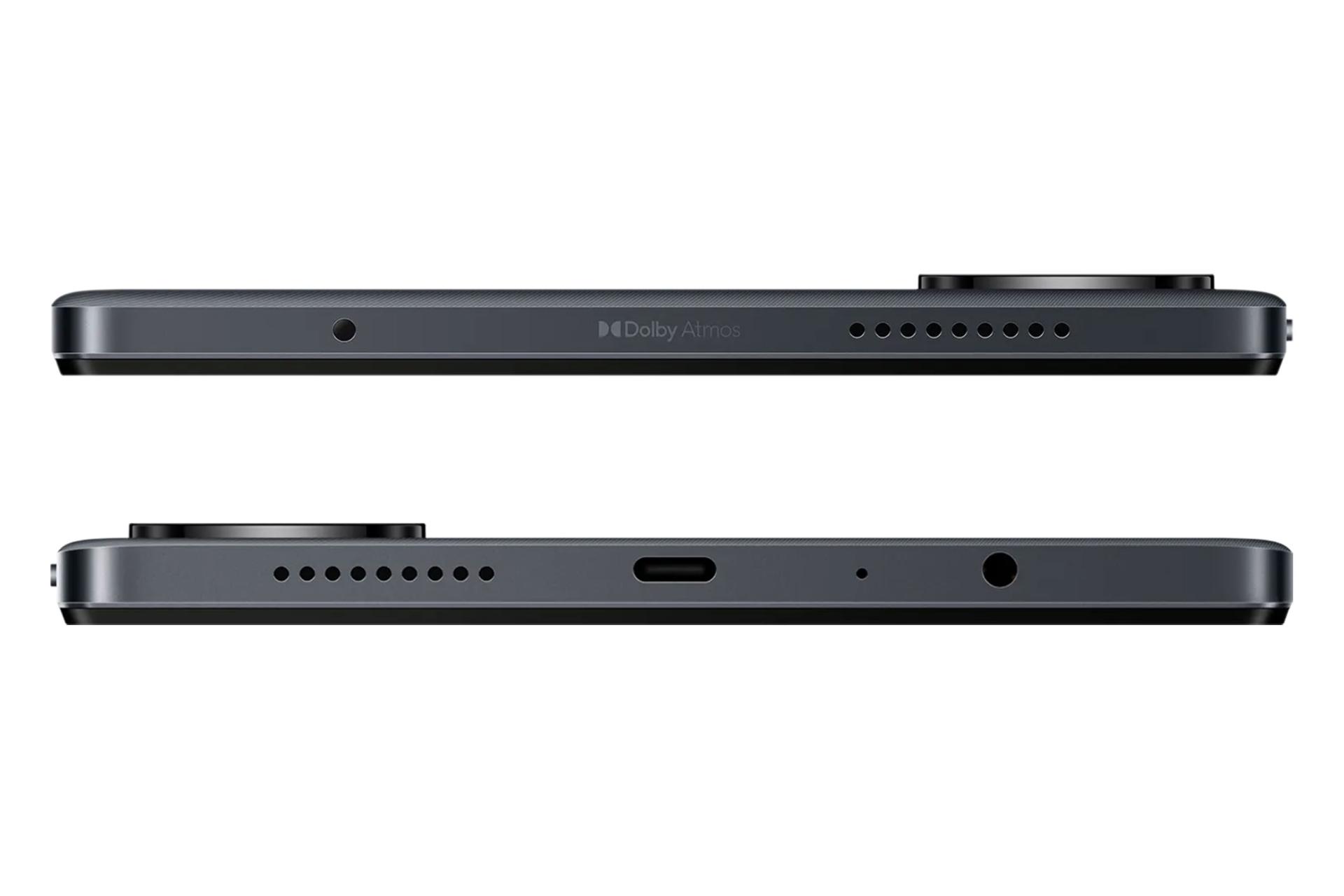 نمای لبه های بالا و پایین تبلت ردمی پد SE شیائومی 4G با نمایش لوگو، درگاه صدا و حفره های اسپیکر رنگ خاکستری