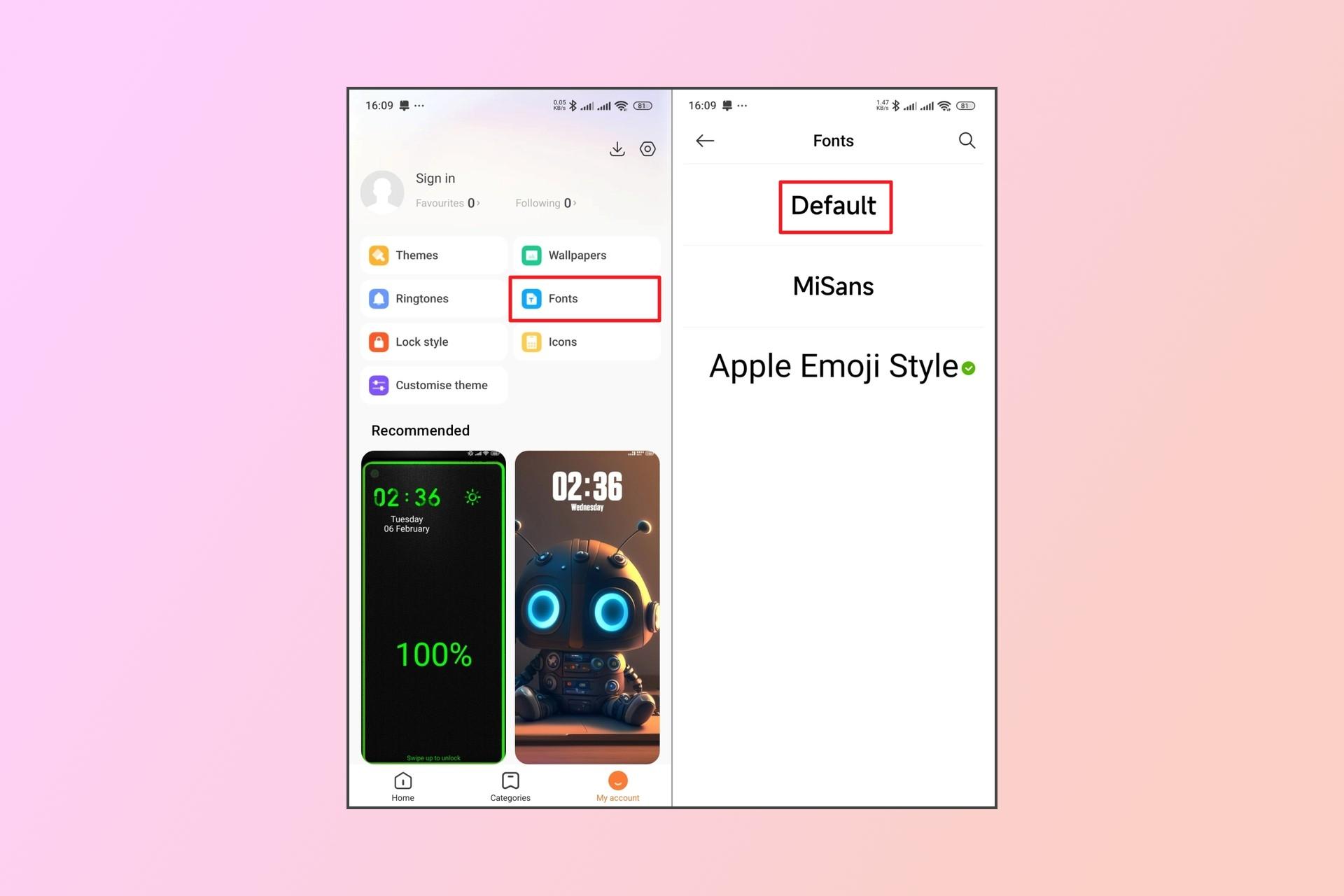 انتخاب فونت پیش‌فرض در اپلیکیشن Themes شیائومی