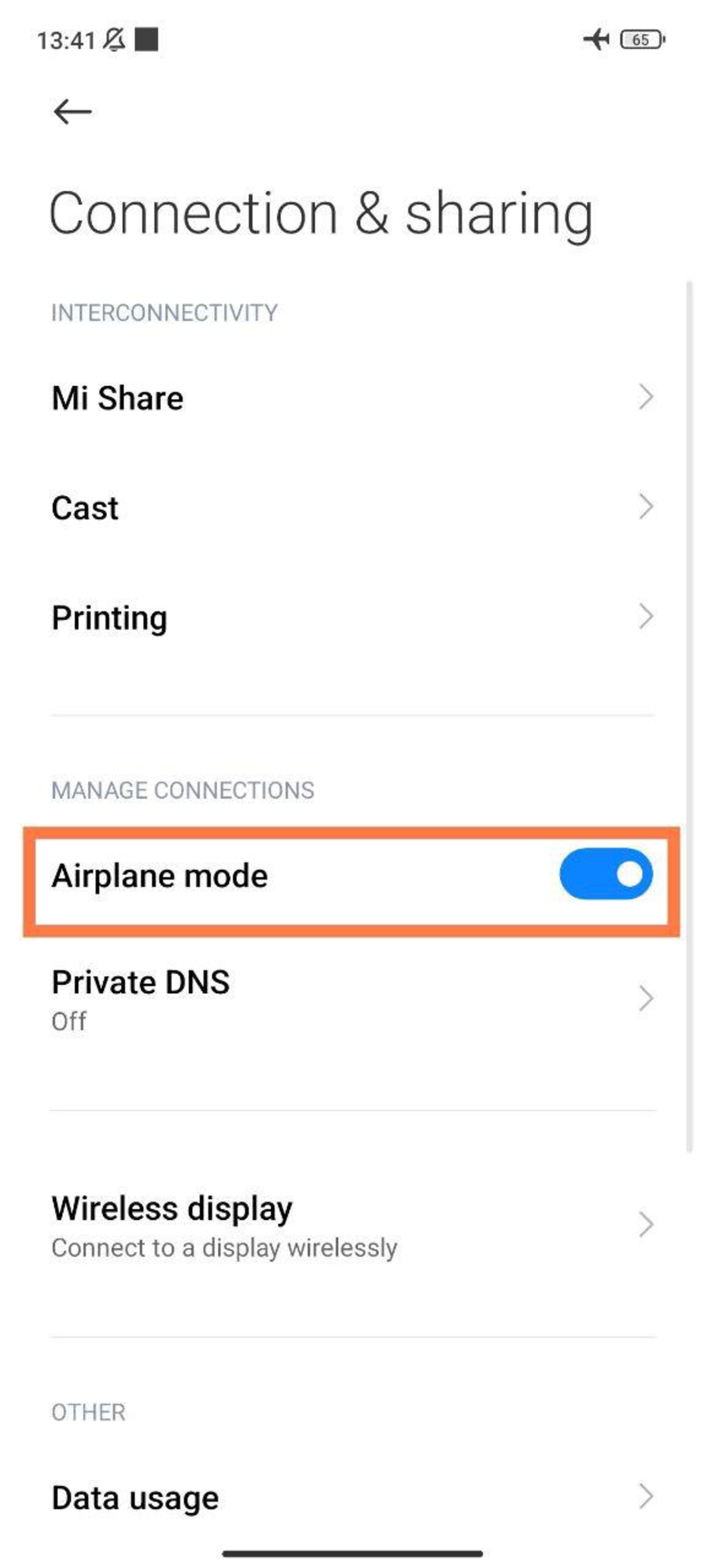 فعال شدن گزینه airplane mode گوشی شیائومی