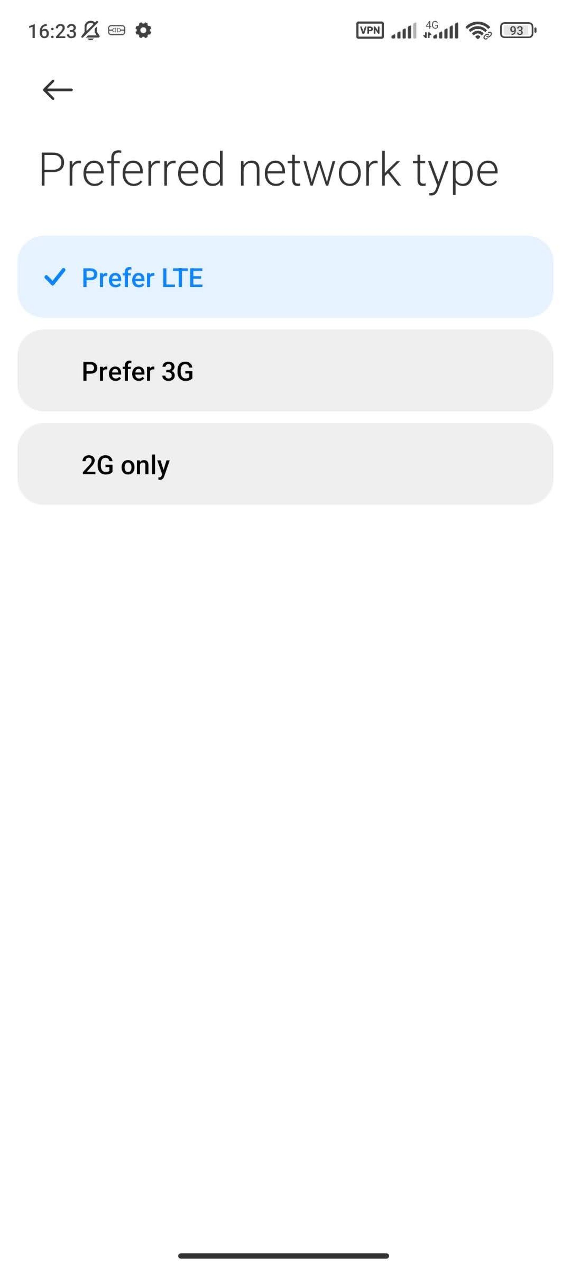 Selecting the network type of Xiaomi phone