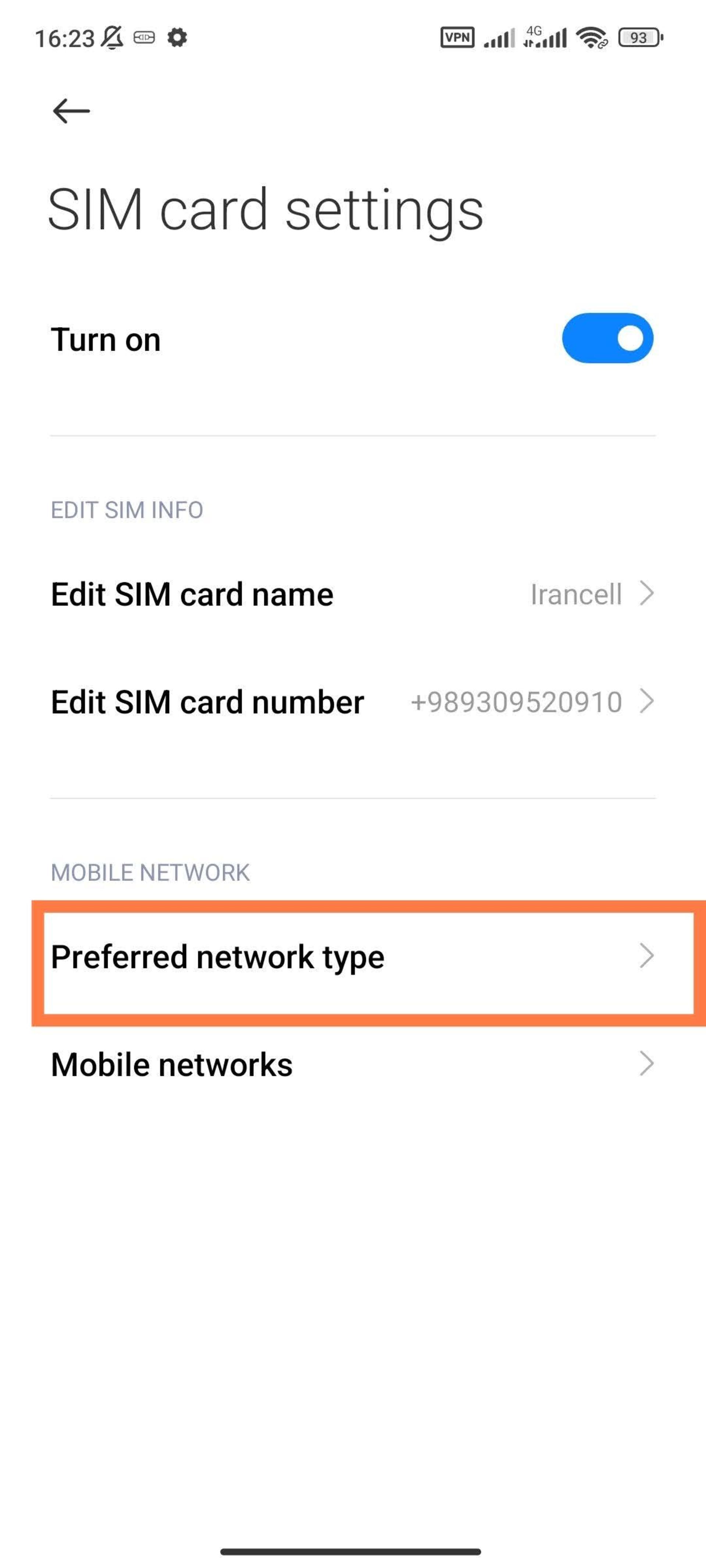 Selecting the network type of Xiaomi phone