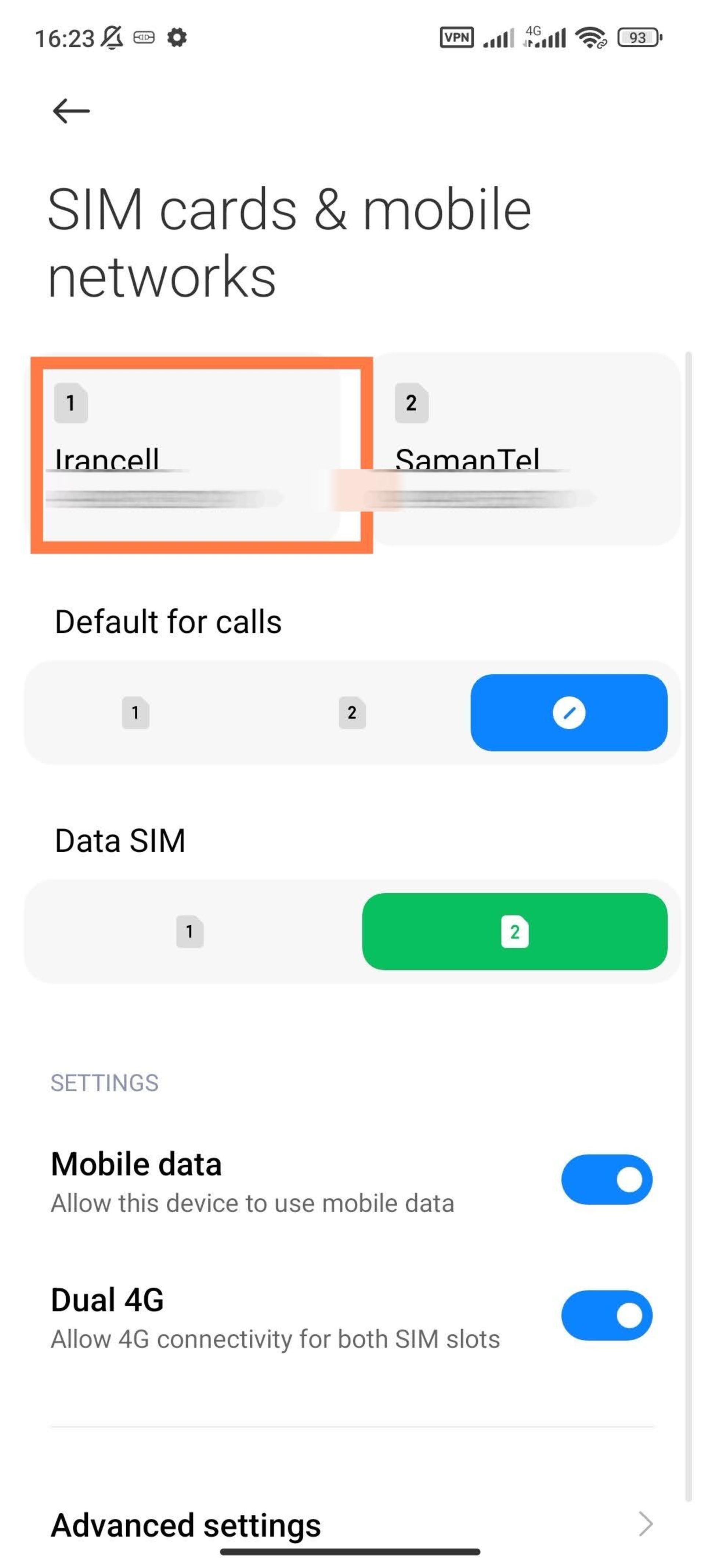 Xiaomi network and SIM card settings