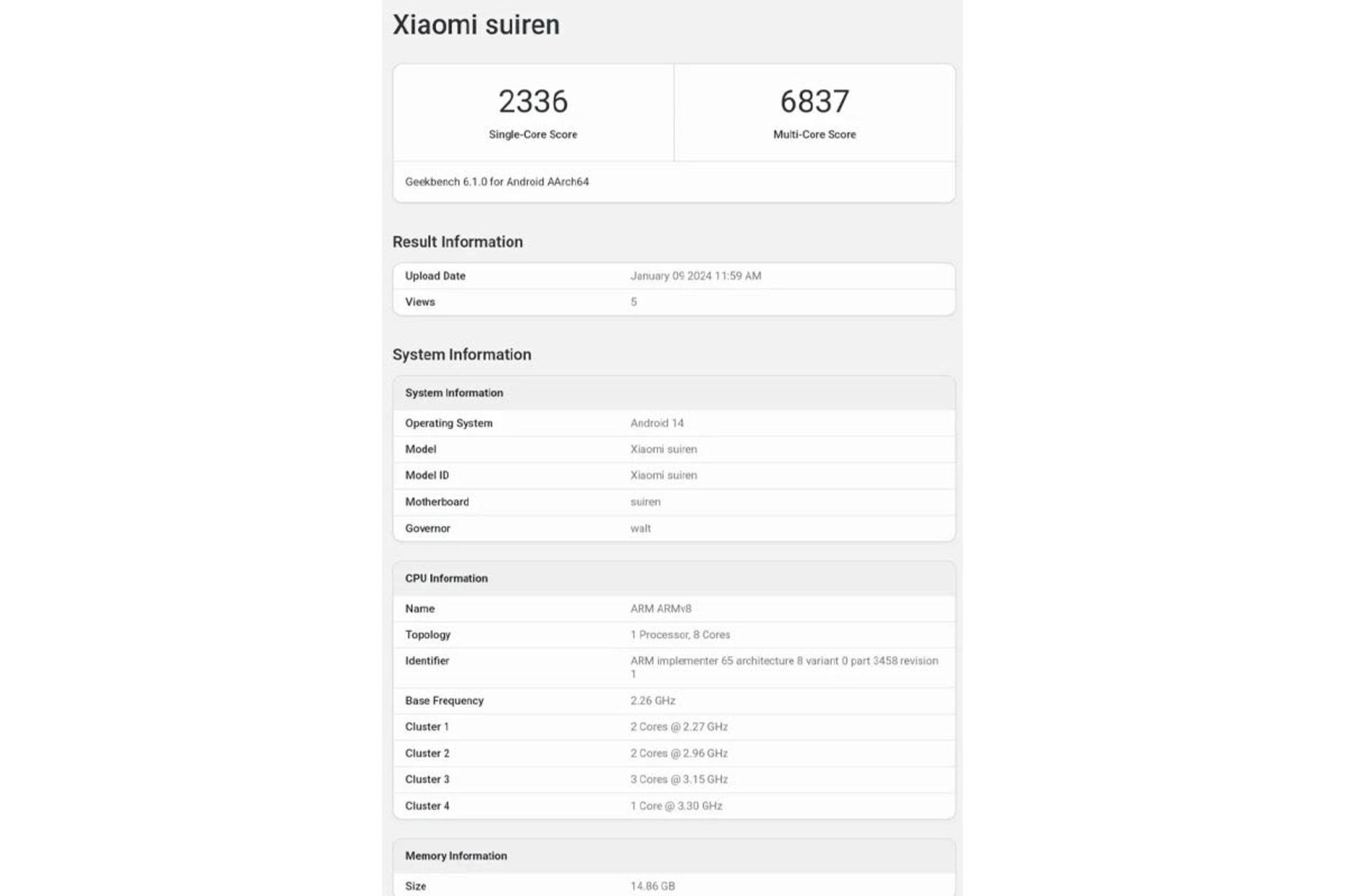 گوشی شیائومی Suiren در گیک‌بنچ 