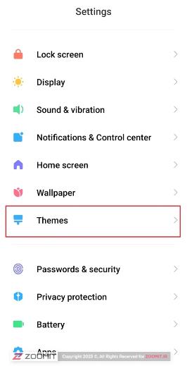انتخاب اپلیکیشن Themes از منوی تنظیمات شیائومی