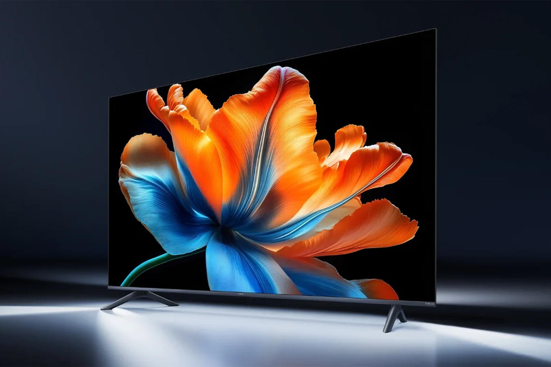 نمای جلو تلویزیون مینی LED شیائومی در حال نمایش گل‌برگ