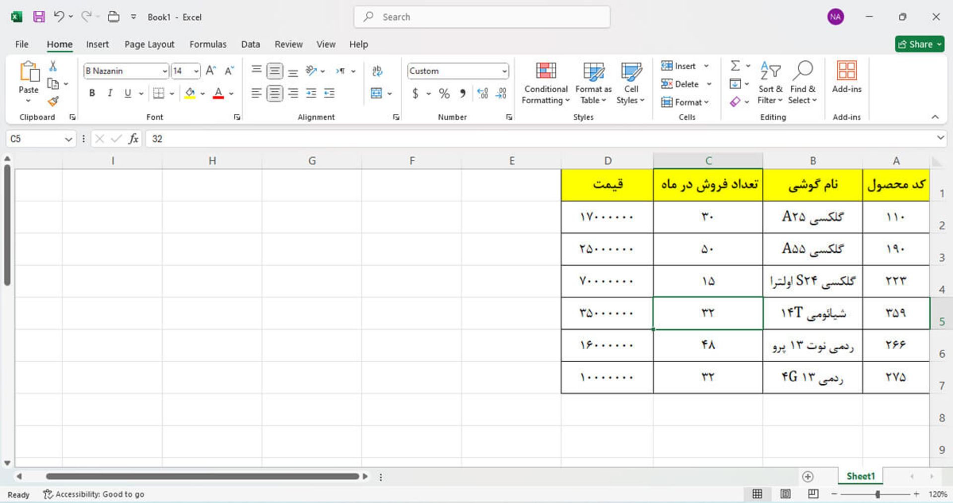 صفحه‌ اکسل شامل کد محصول، نام گوشی، تعداد فروش در ماه و قیمت
