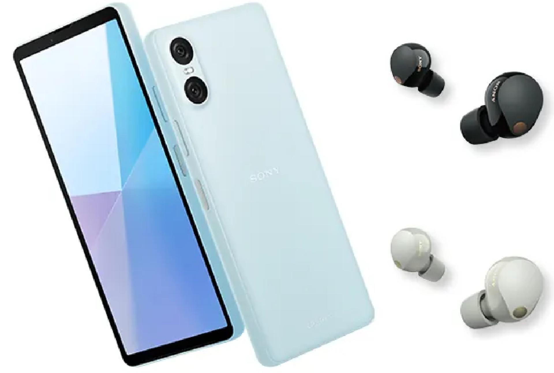 گوشی Xperia 10 VI در کنار دو ایرباد سفید و مشکی