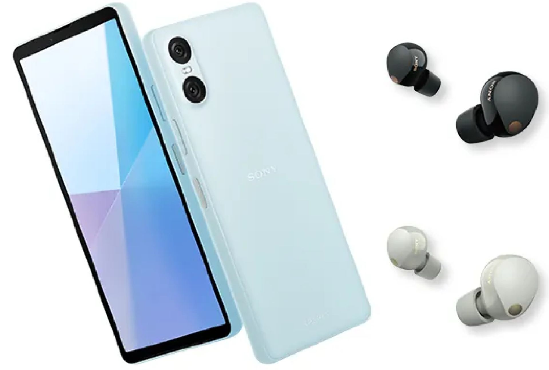 گوشی Xperia 10 VI در کنار دو ایرباد سفید و مشکی