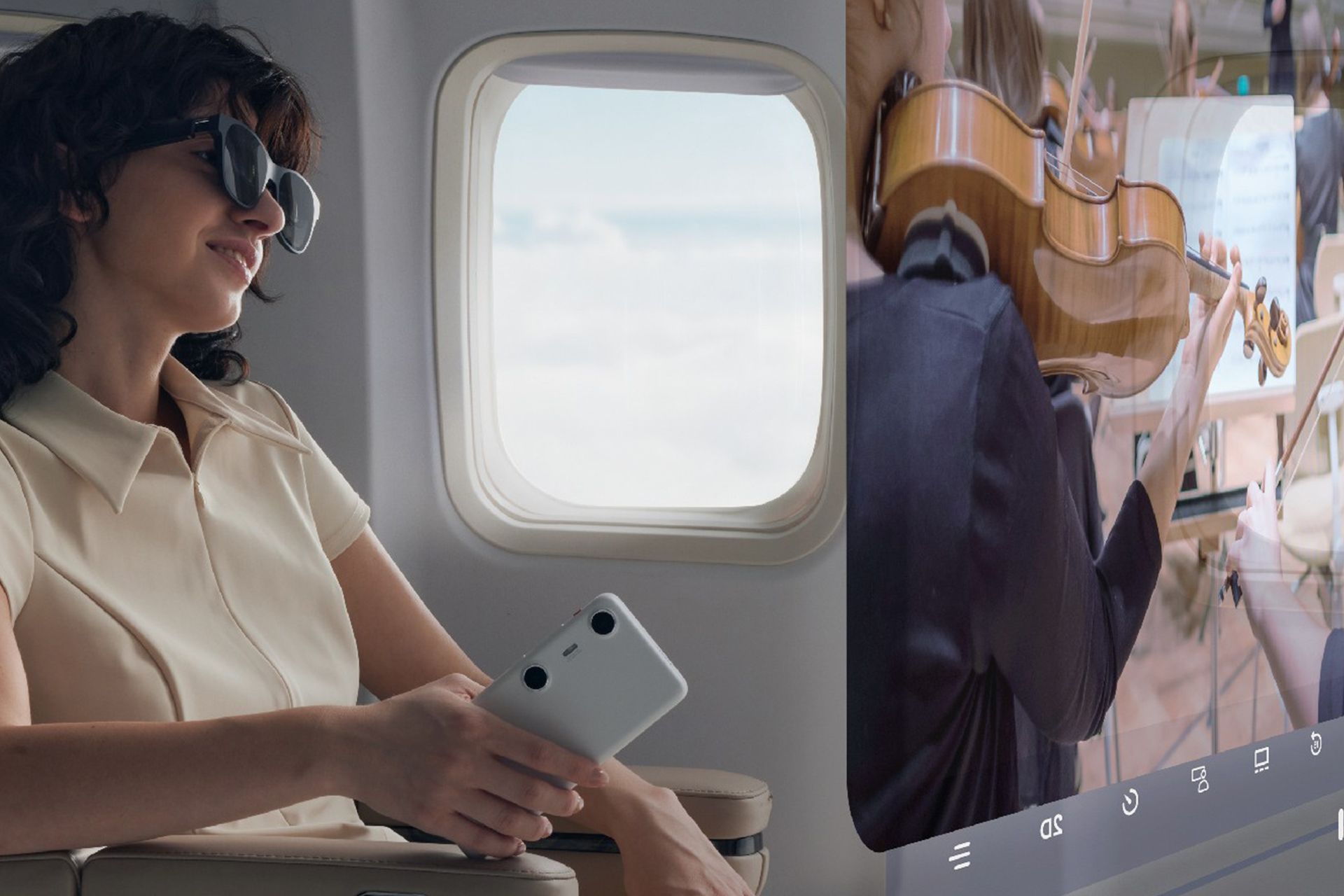 دختر جوان در هواپیما در حال تماشا محتوا واقعیت افزوده با دستگاه واقعیت افزوده Xreal Beam Pro