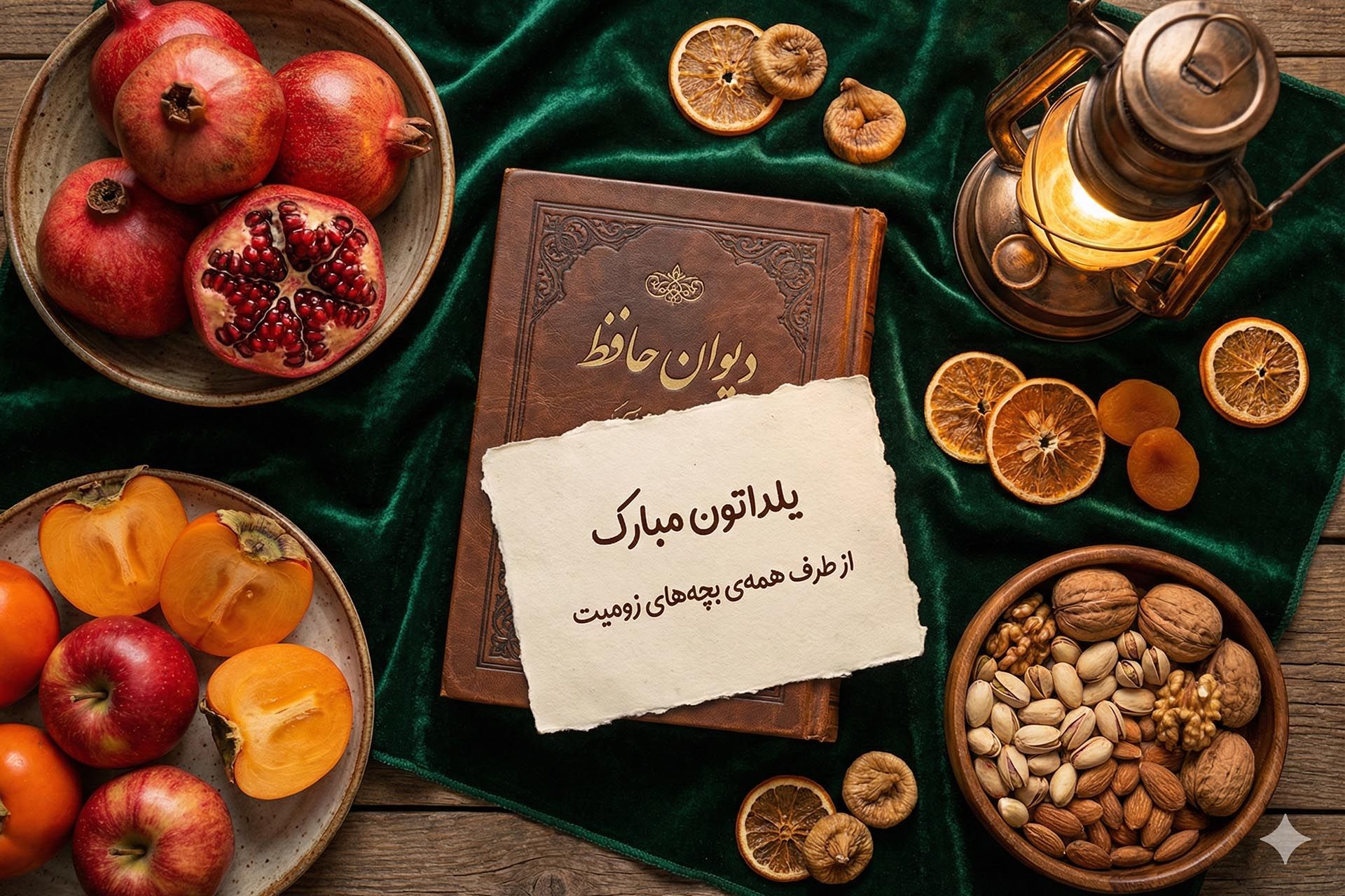 یک کارت تبریک یلدا روی یک سری المان یلدایی