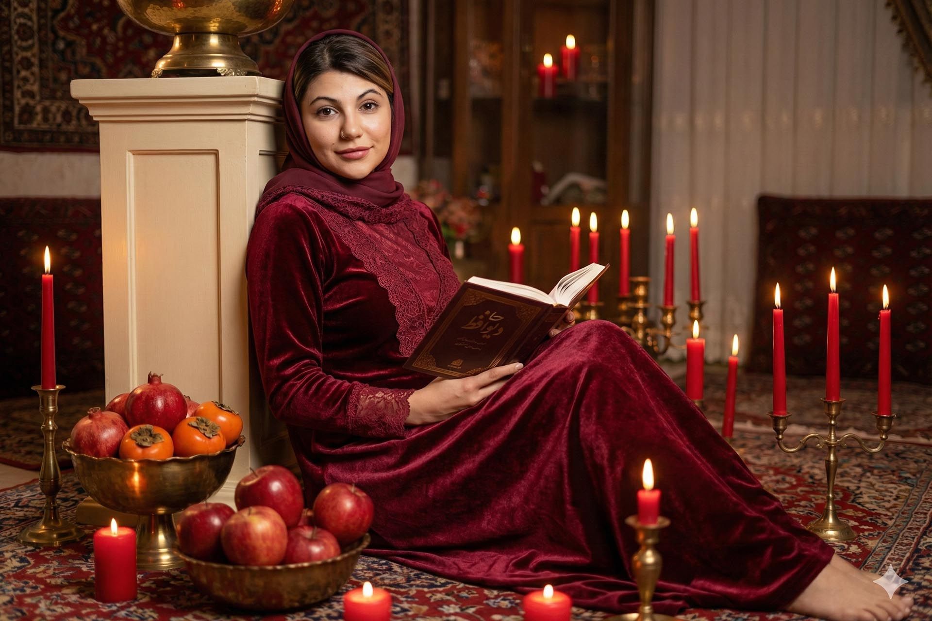 یک زن جوان با لباسی با تم یلدایی - دیوان حافظ،‌ انار و جاشمعی