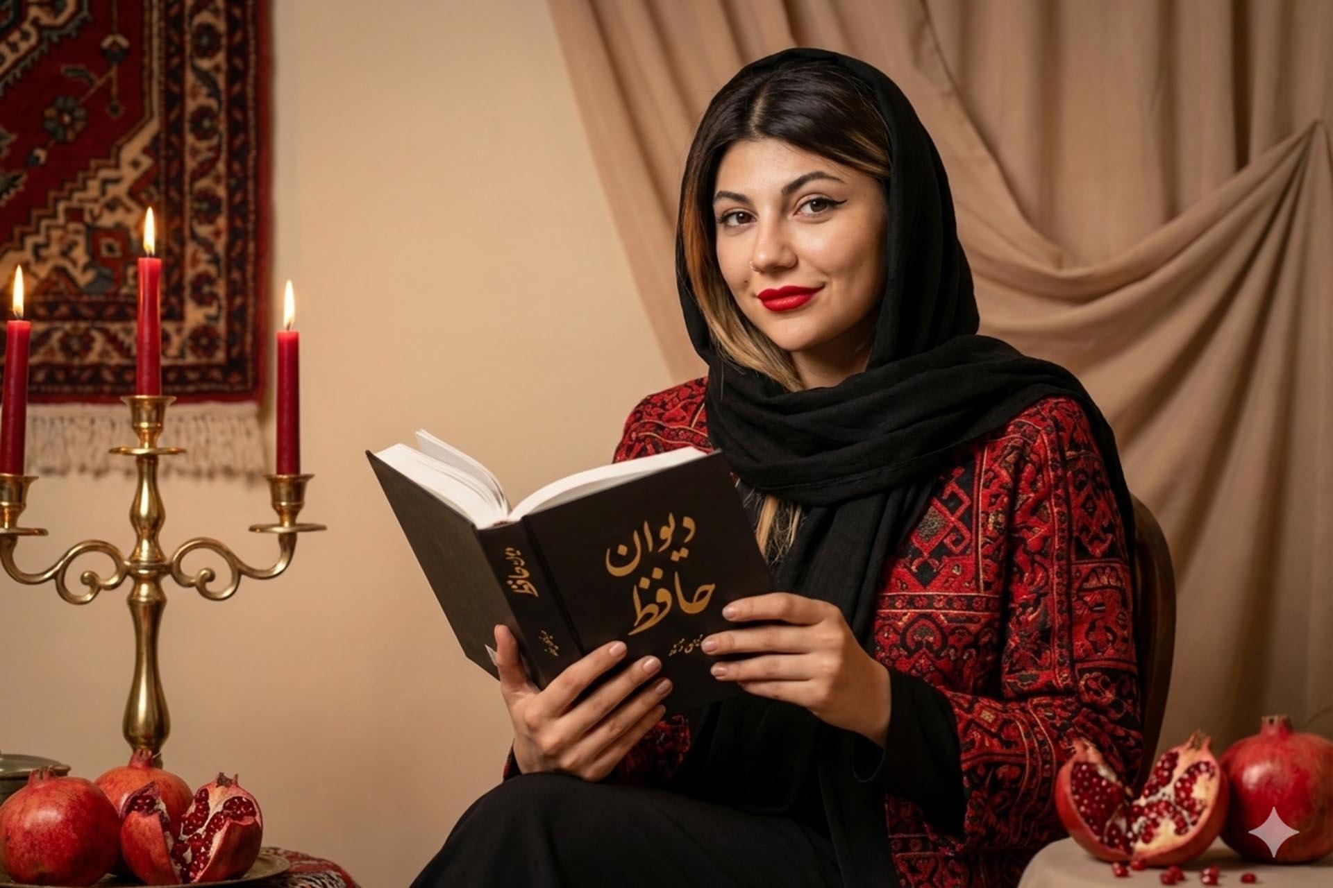 یک زن جوان با لباسی با تم یلدایی - دیوان حافظ،‌ انار و جاشمعی