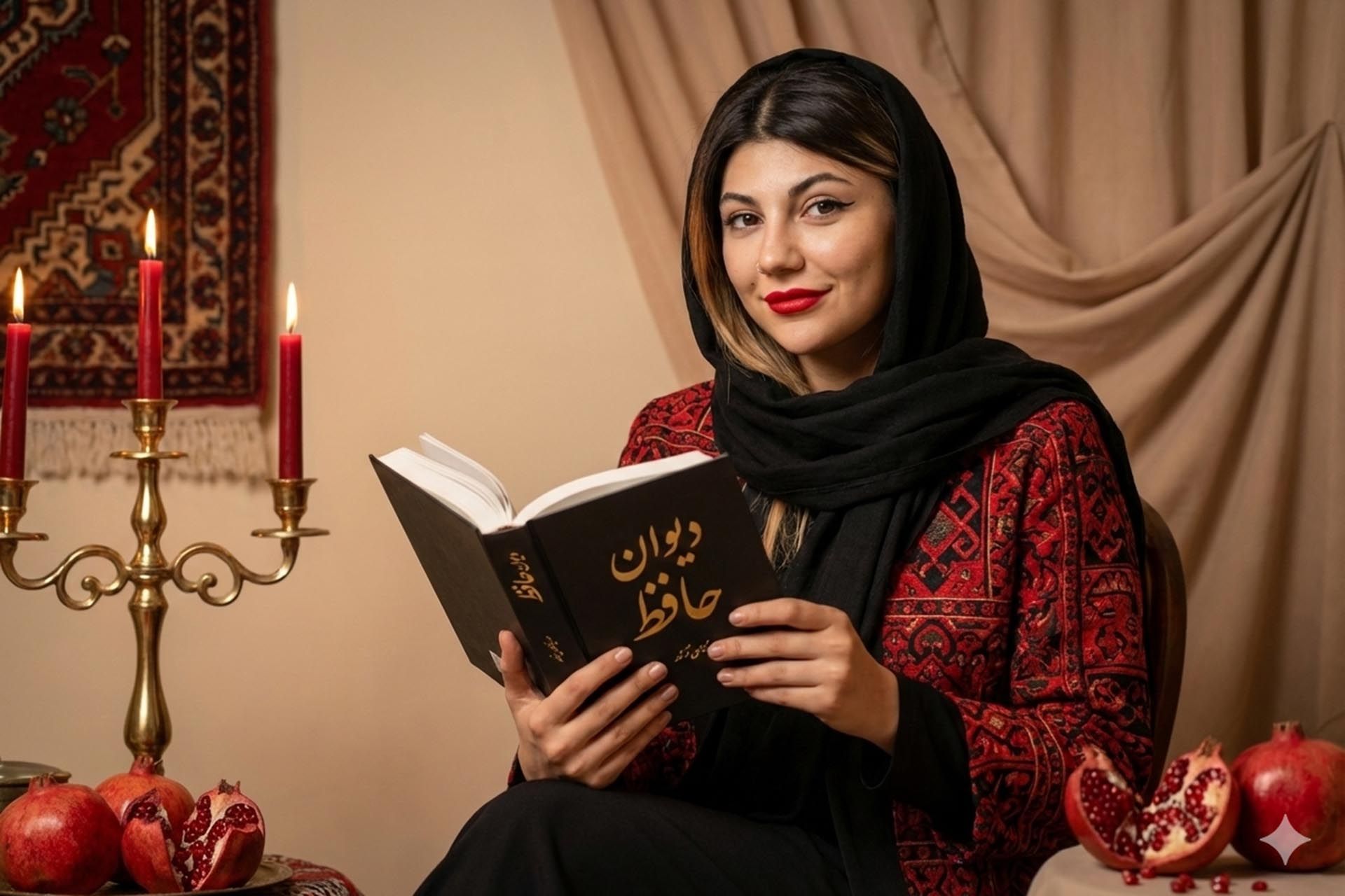 یک زن جوان با لباسی با تم یلدایی - دیوان حافظ،‌ انار و جاشمعی