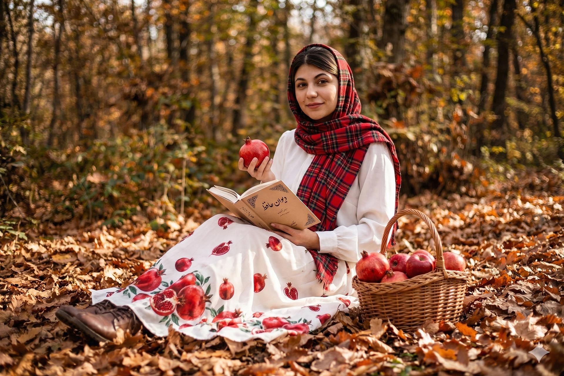 یک زن جوان با لباسی با تم یلدایی - دیوان حافظ و سبد انار