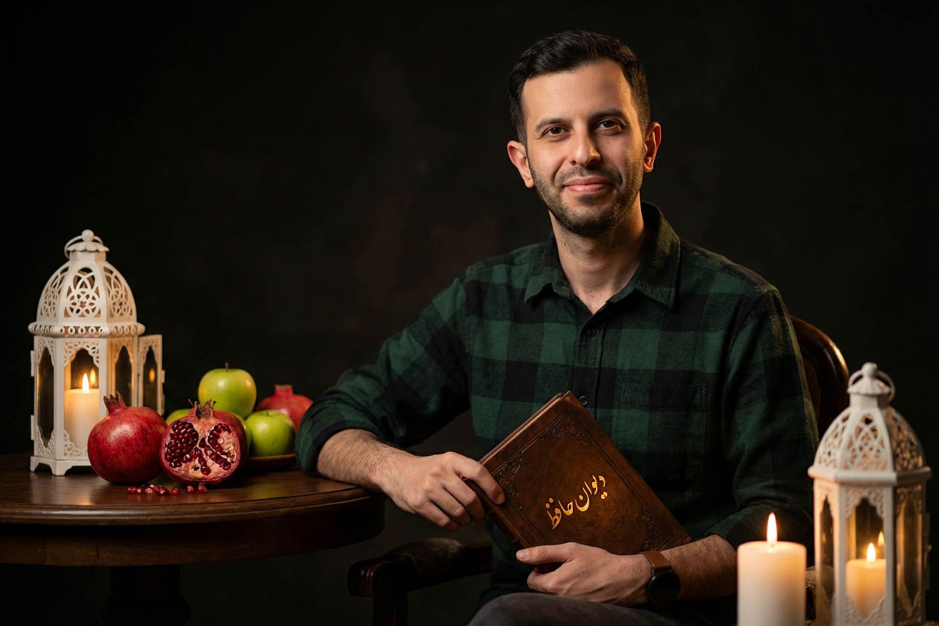 یک مرد درحالی که دیوان حافظ را در دو دست گرفته - پشت میز یلدا