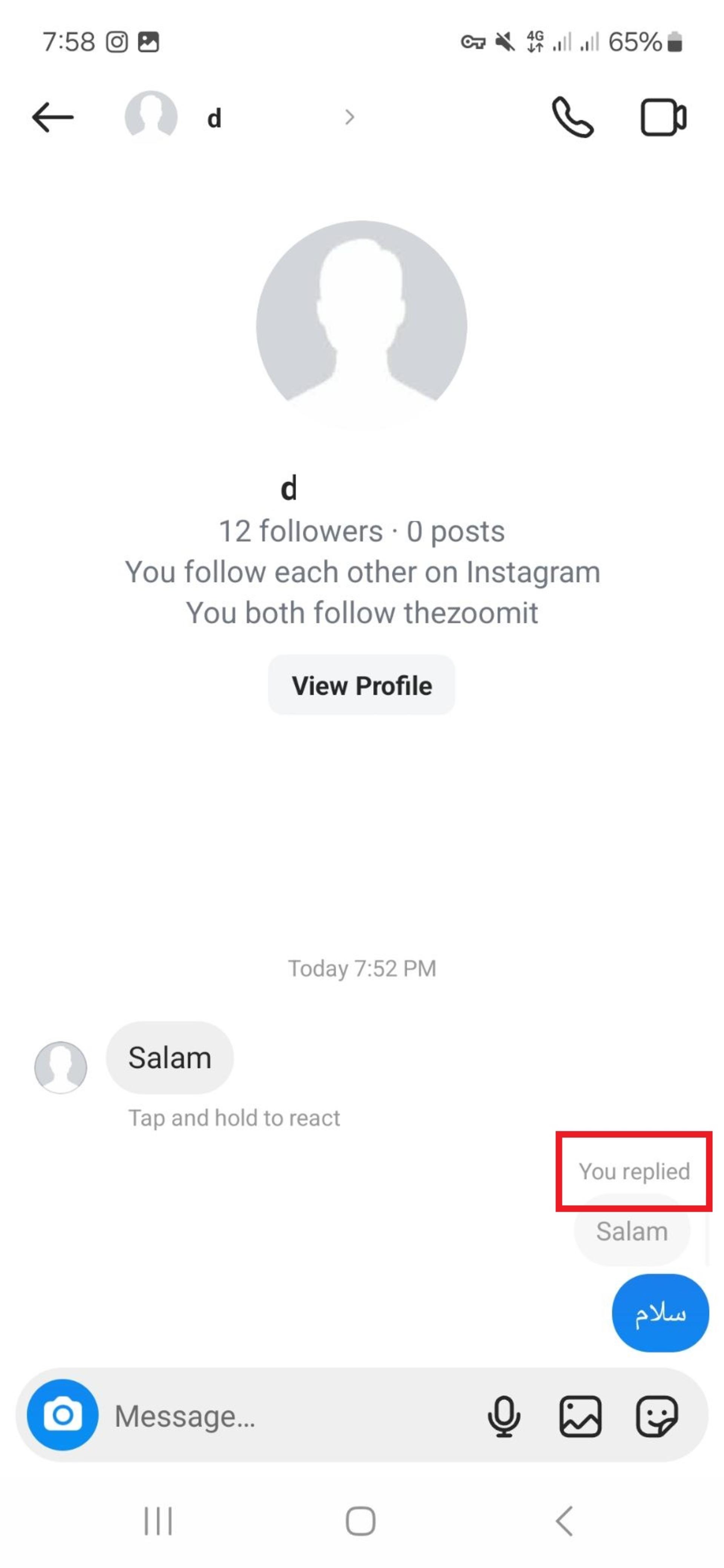 پیام ریپلای‌شده در اینستاگرام