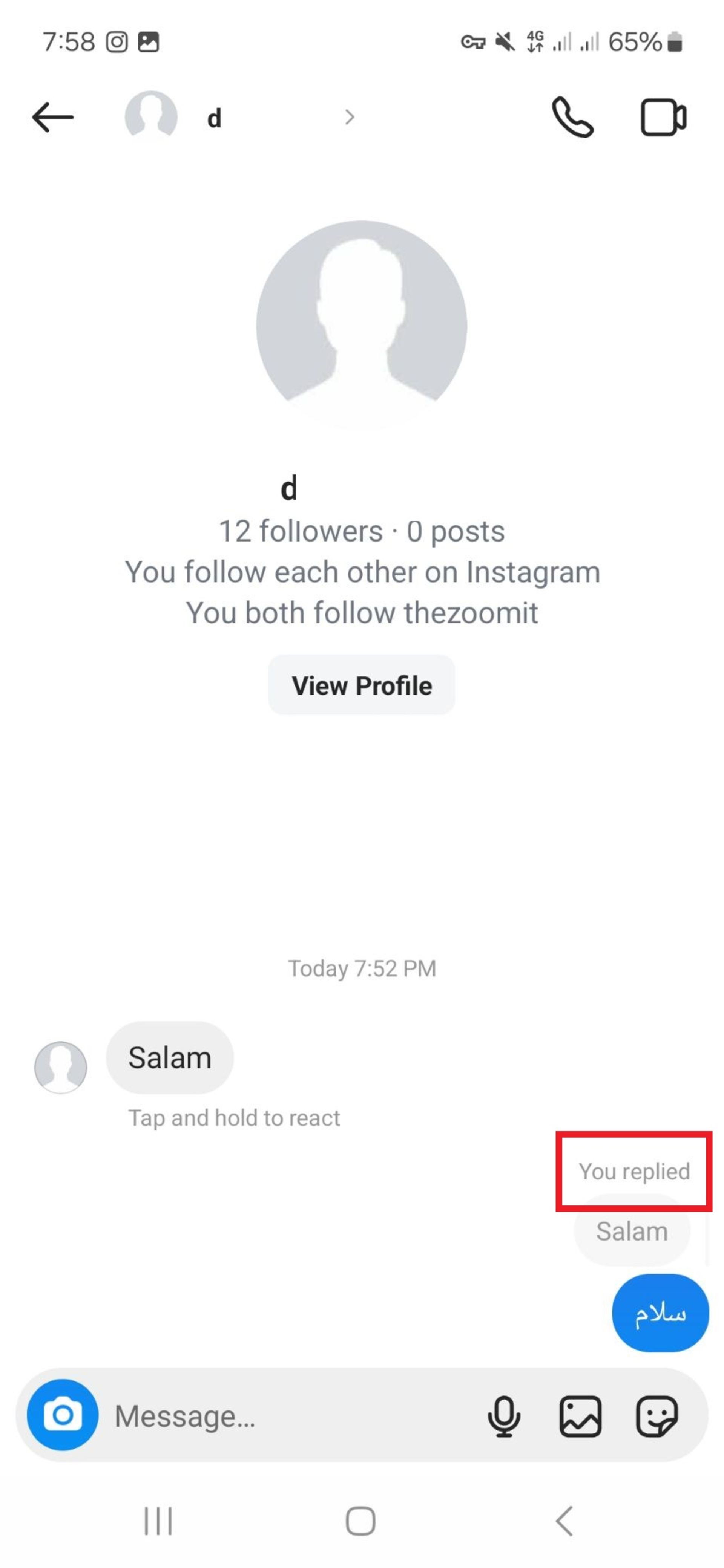 پیام ریپلای‌شده در اینستاگرام