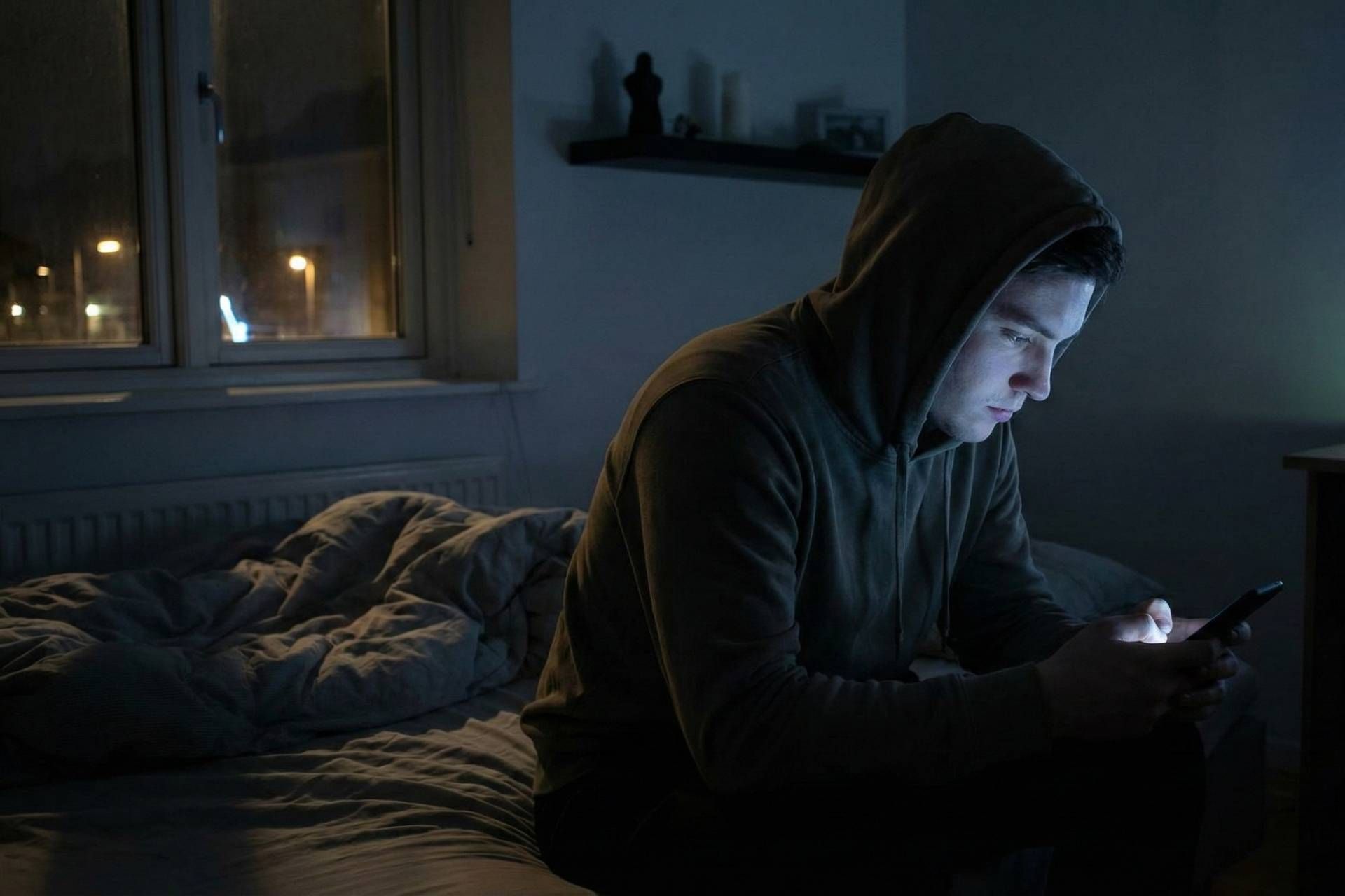 نوجوان تنها در تاریکی اتاقش پشت به پنجره نشسته  به صفحه نمایش گوشی خیره شده است.