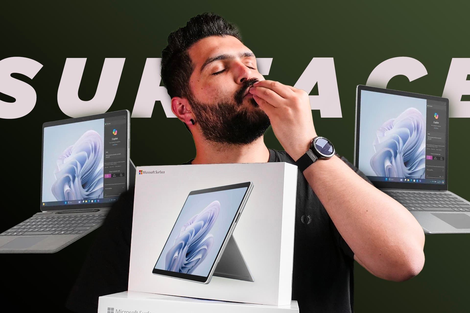 پسر جوان مومشکی با لپ تاپ مایکروسافت سرفیس