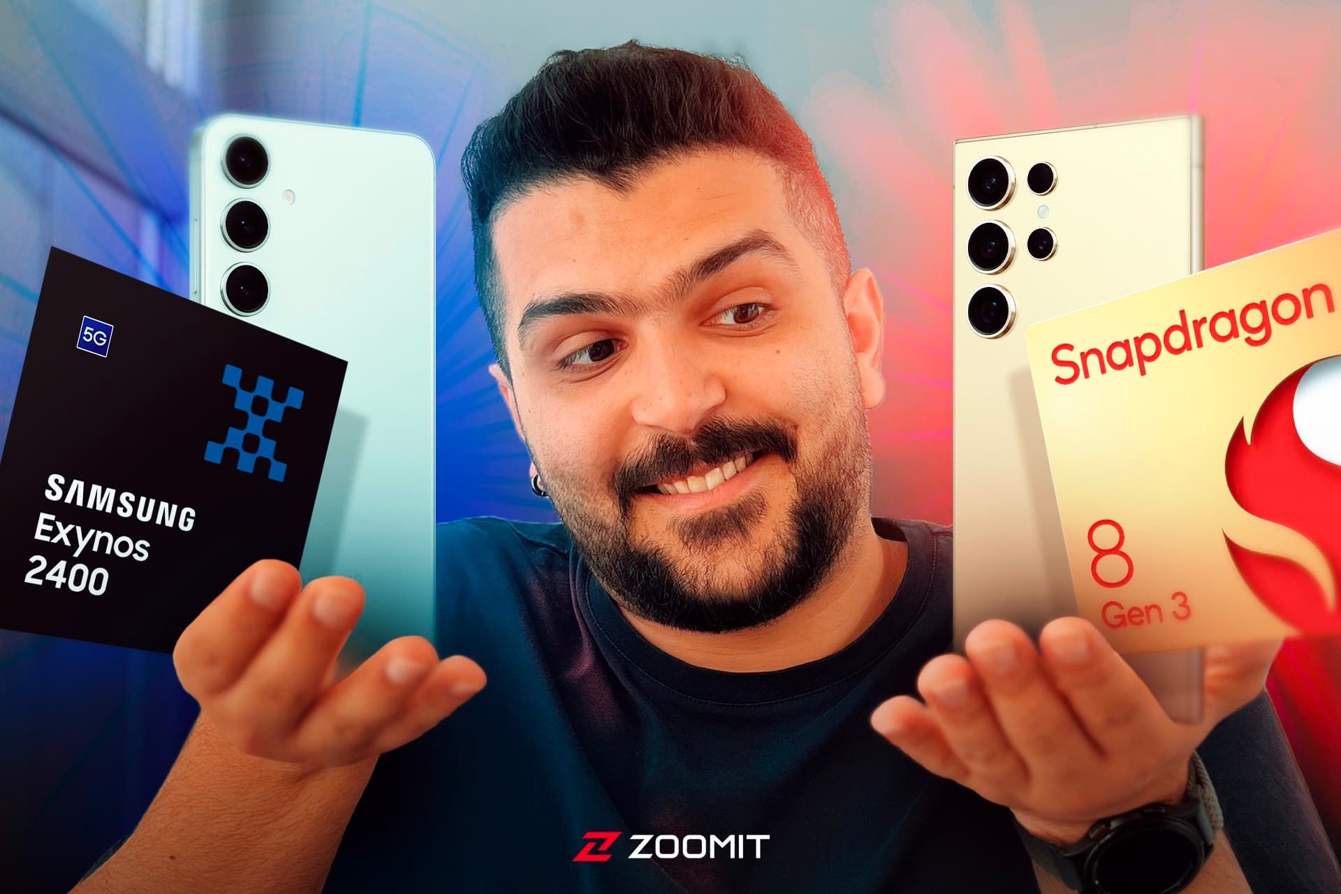 مرد جوان خوشحال با دو مدل گلکسی S24 با تراشه اسنپدراگون و اگزینوس