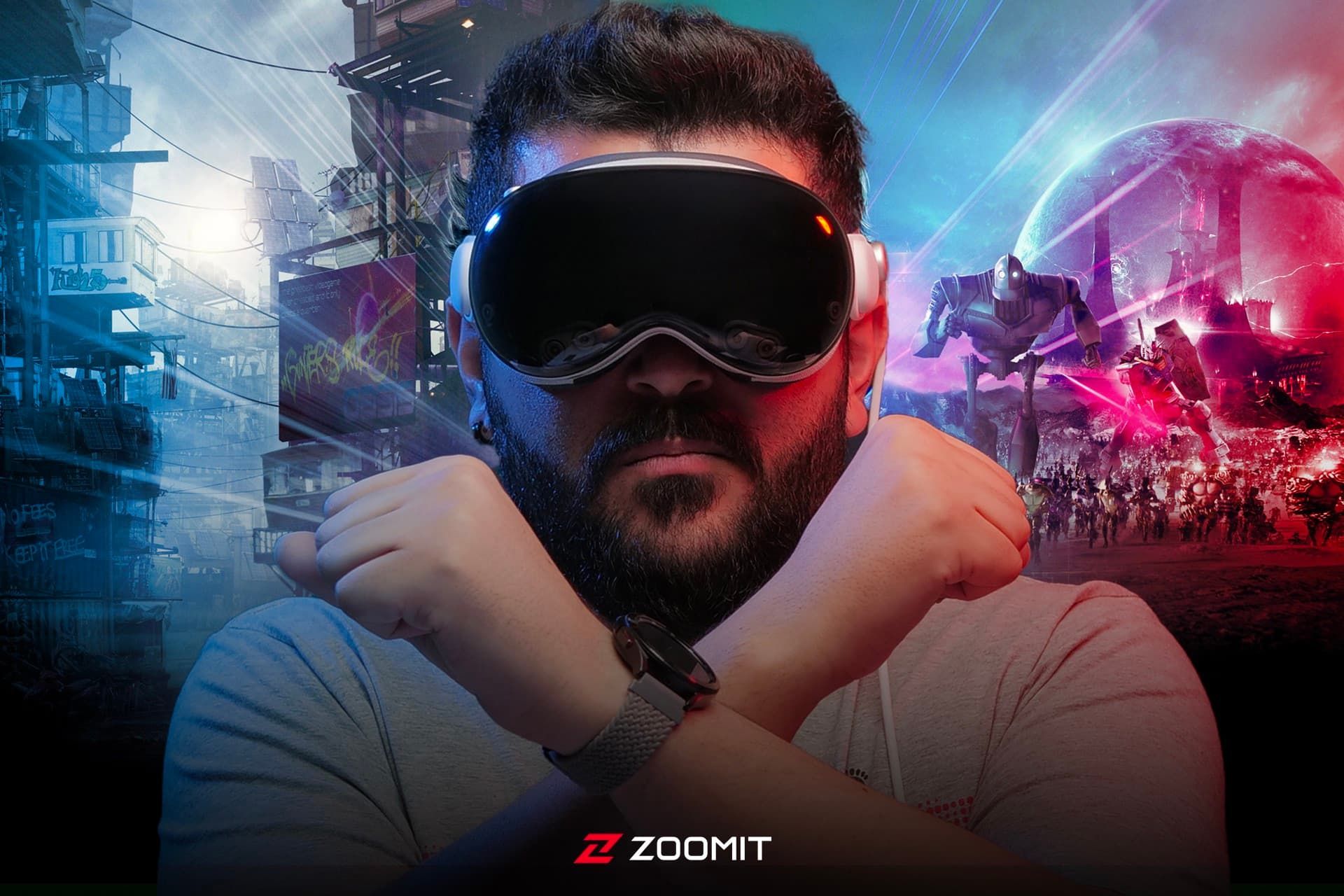 مرد جوان با اپل ویژن پرو / Apple Vision Pro طرح گرافیکی