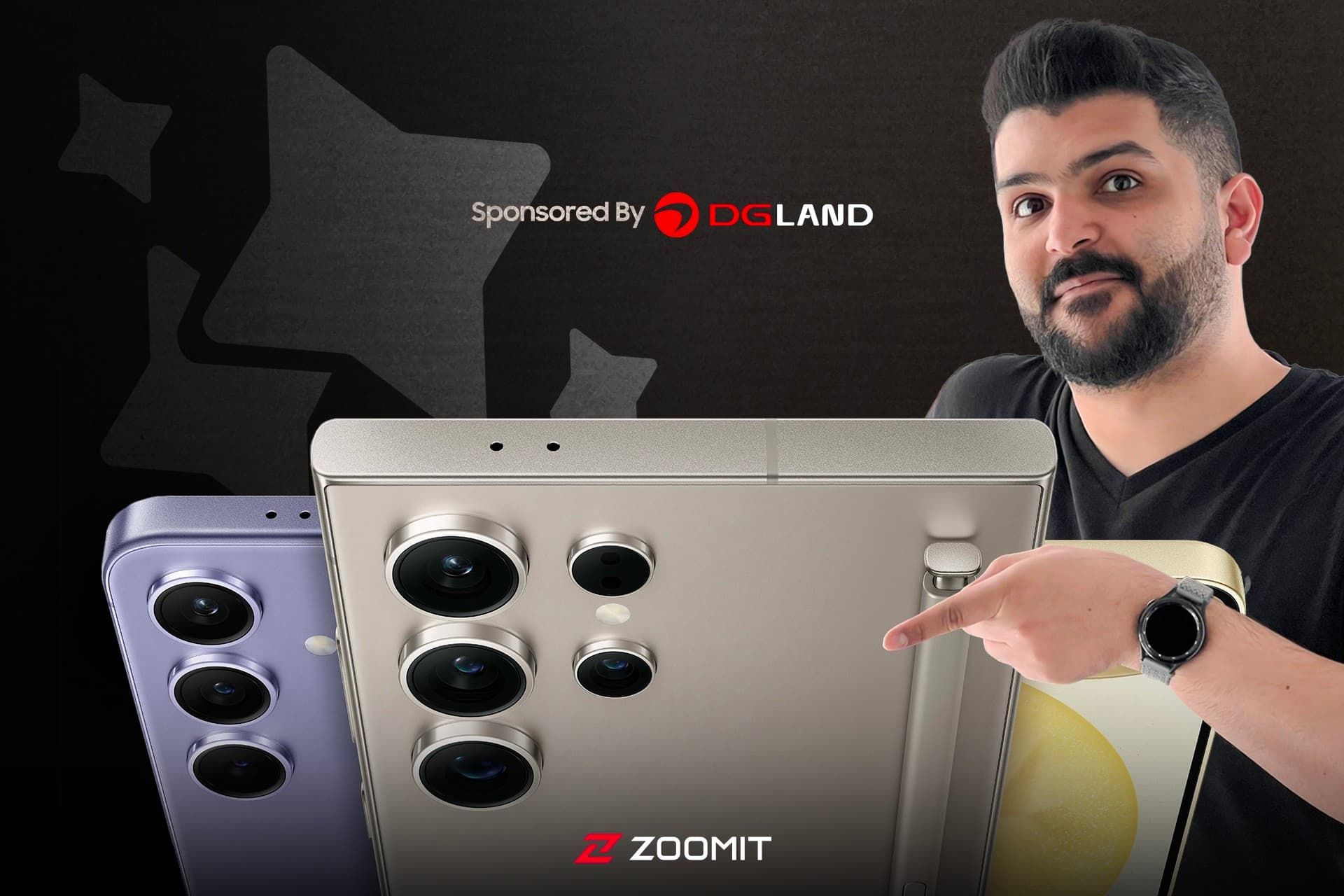 مرد جوان در حال اشاره به گلکسی S24 سامسونگ